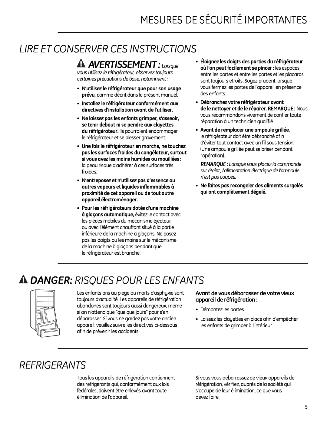 GE Monogram 225D1804P011 owner manual Mesures De Sécurité Importantes, Lire Et Conserver Ces Instructions, Refrigerants 