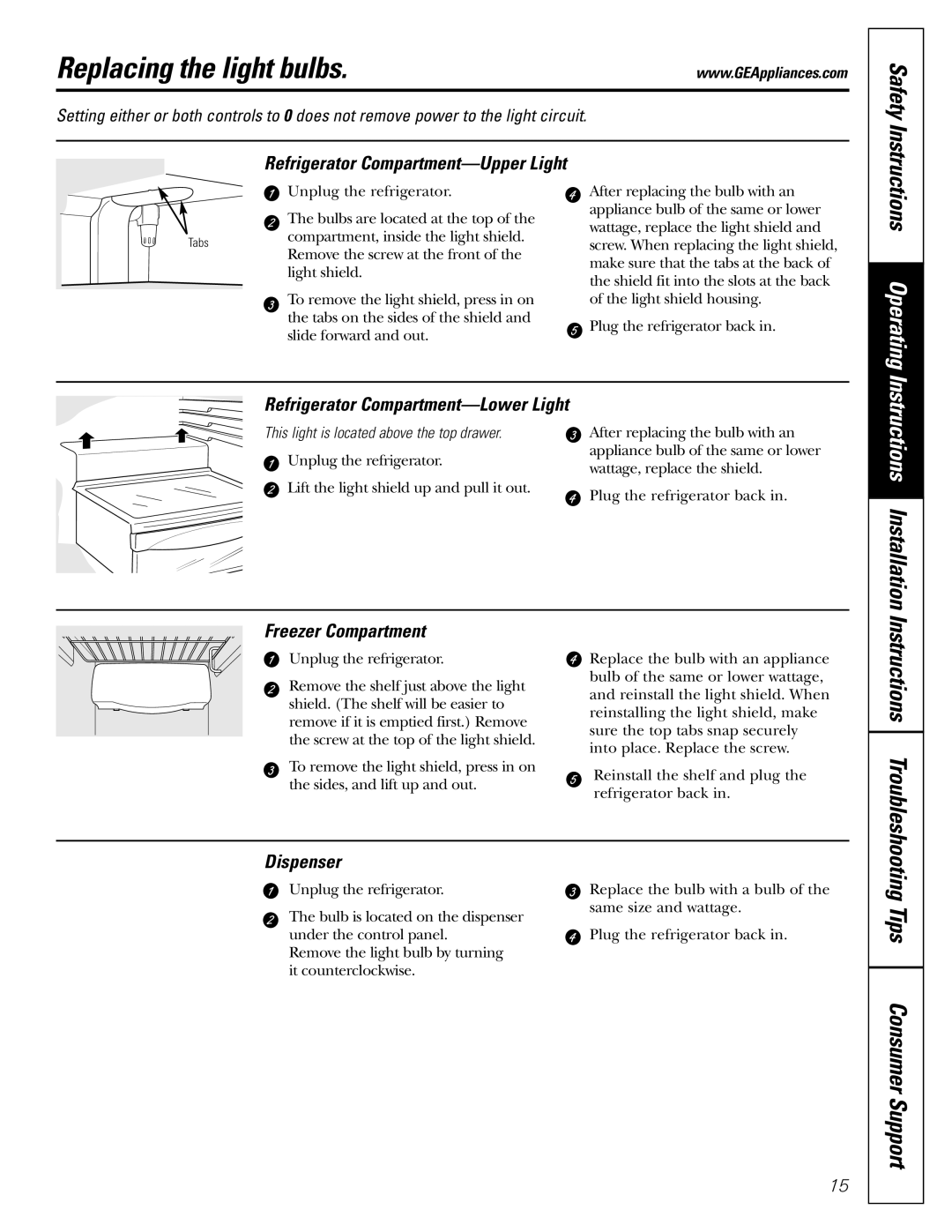 GE Monogram 23 installation instructions Replacing the light bulbs, Instructions Operating 