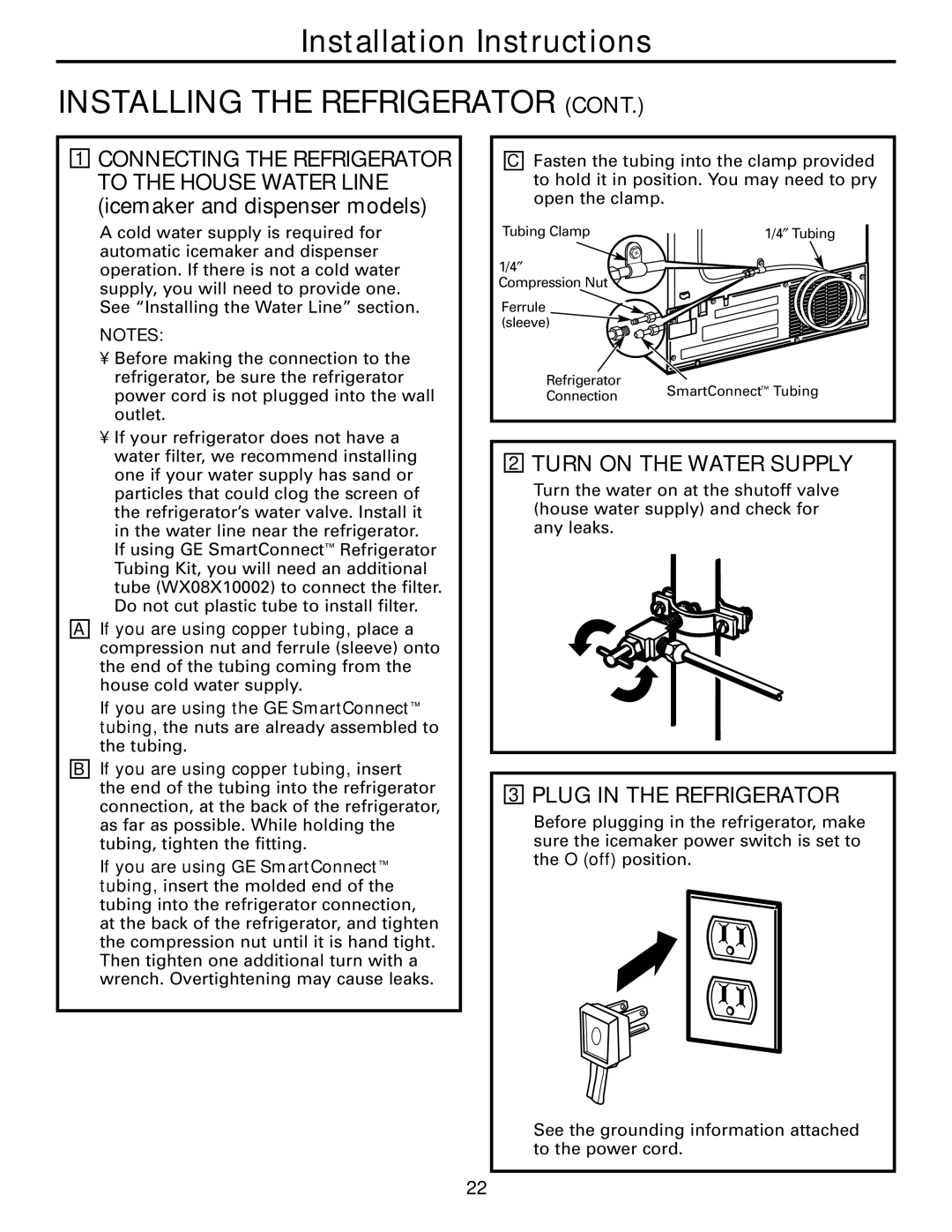 GE Monogram 23 installation instructions Turn on the Water Supply, Plug in the Refrigerator 