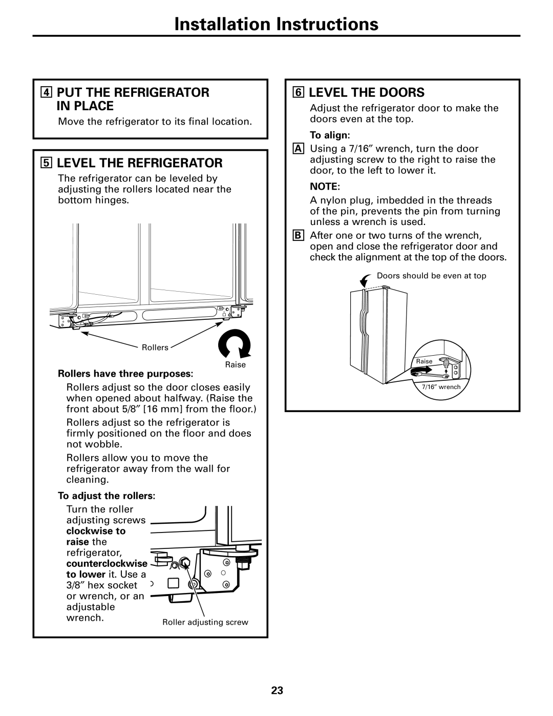 GE Monogram 23 installation instructions Level the Refrigerator, Level the Doors 