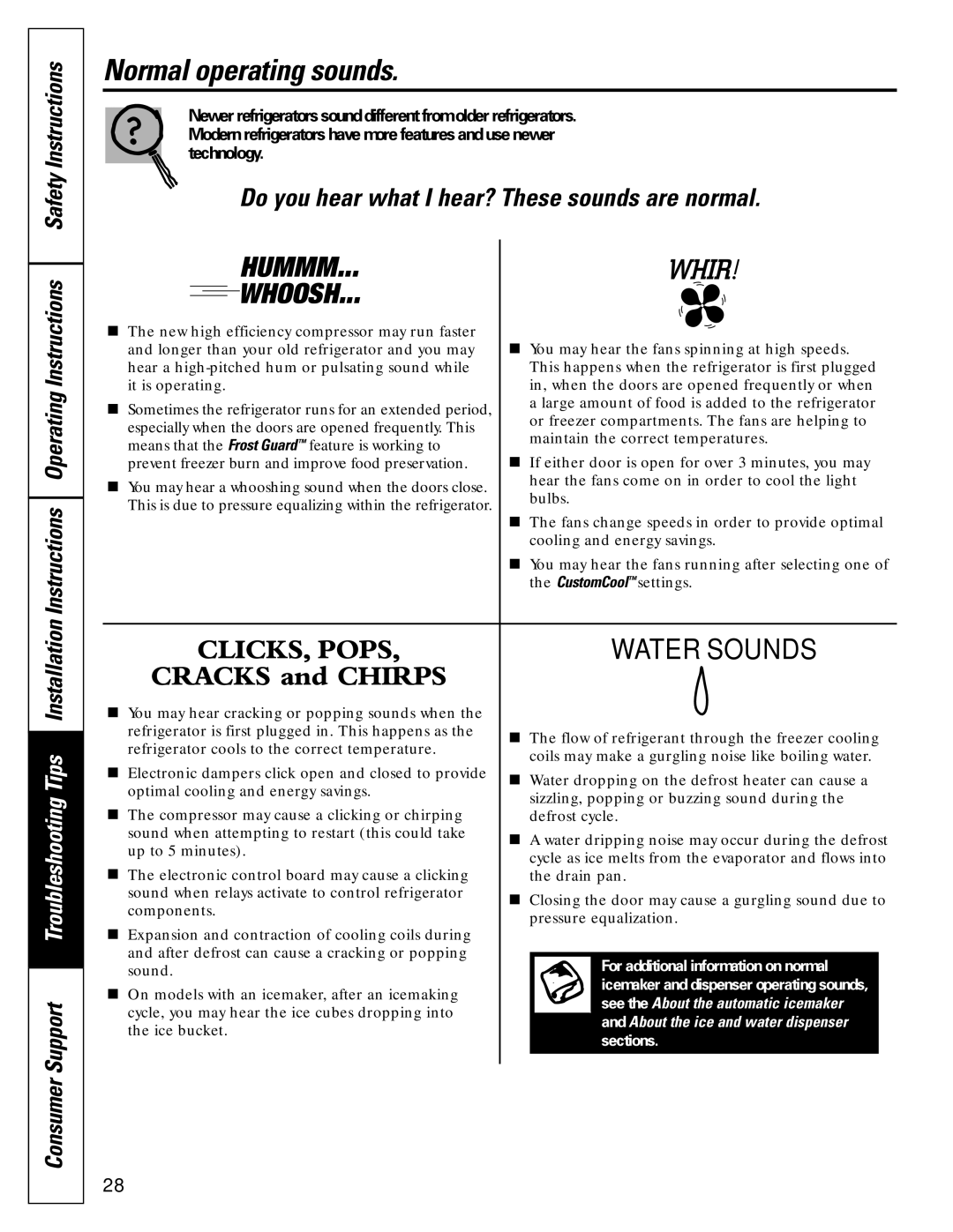 GE Monogram 23 installation instructions Normal operating sounds, Hummm 