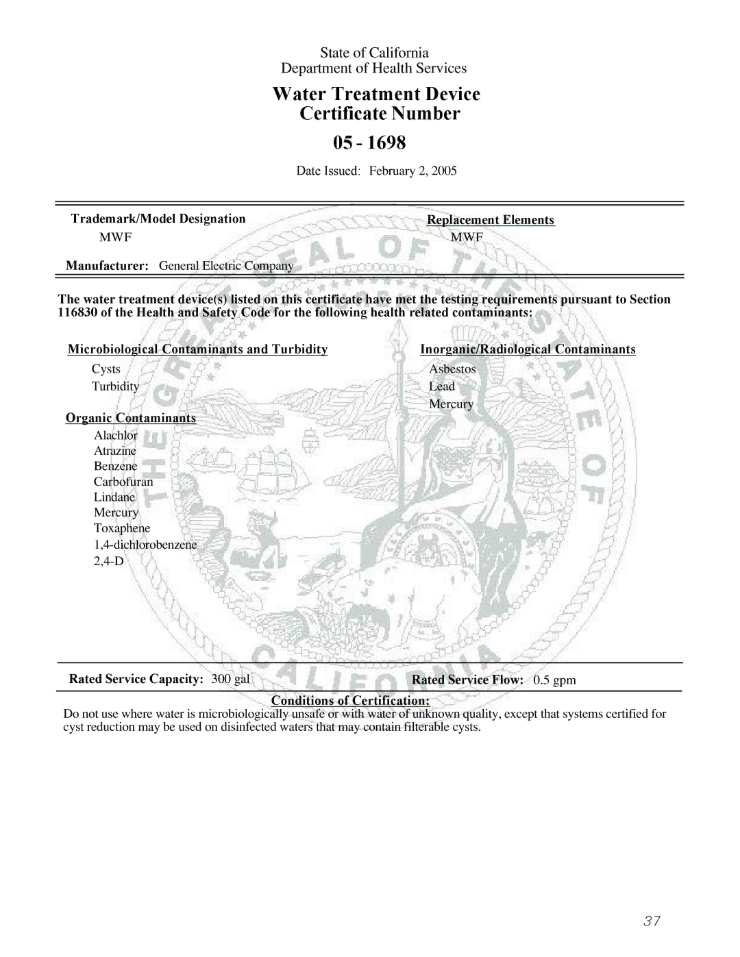 GE Monogram 23 installation instructions Certificate Number 