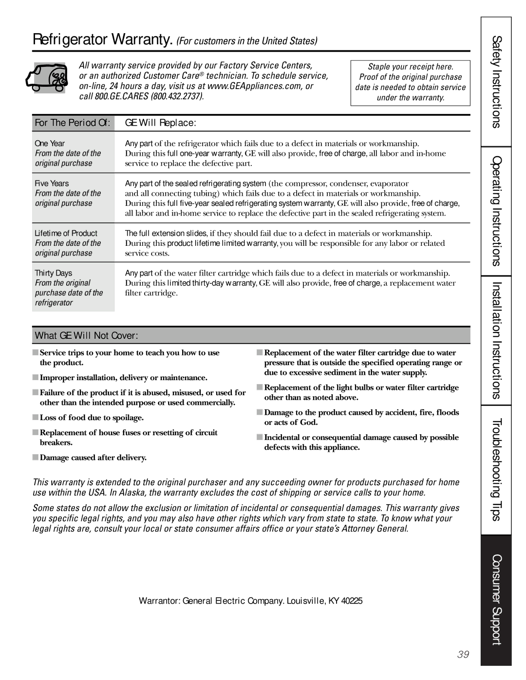 GE Monogram 23 Safety Instructions Operating Instructions Installation, GE Will Replace, What GE Will Not Cover 