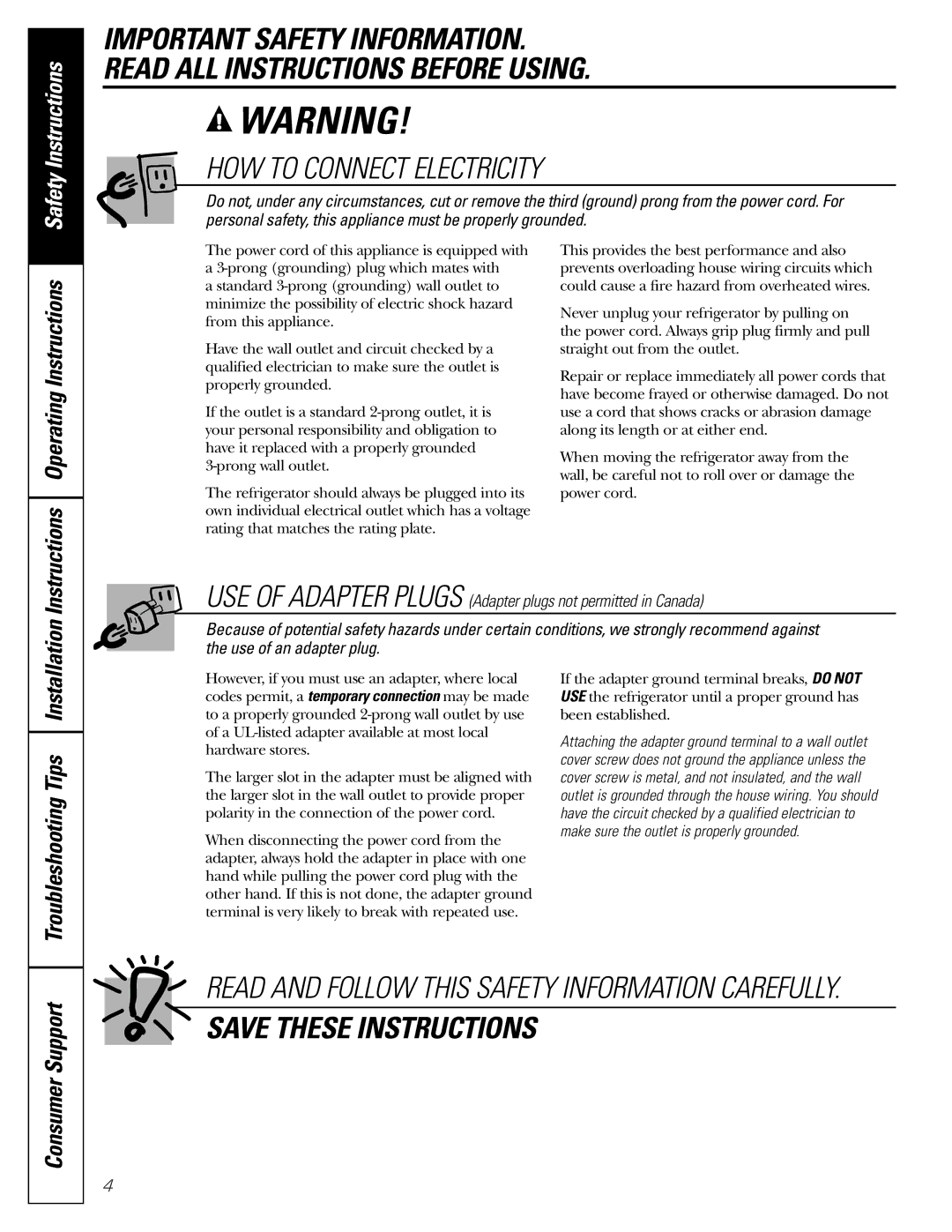 GE Monogram 23 installation instructions HOW to Connect Electricity, Instructions Operating Instructions 