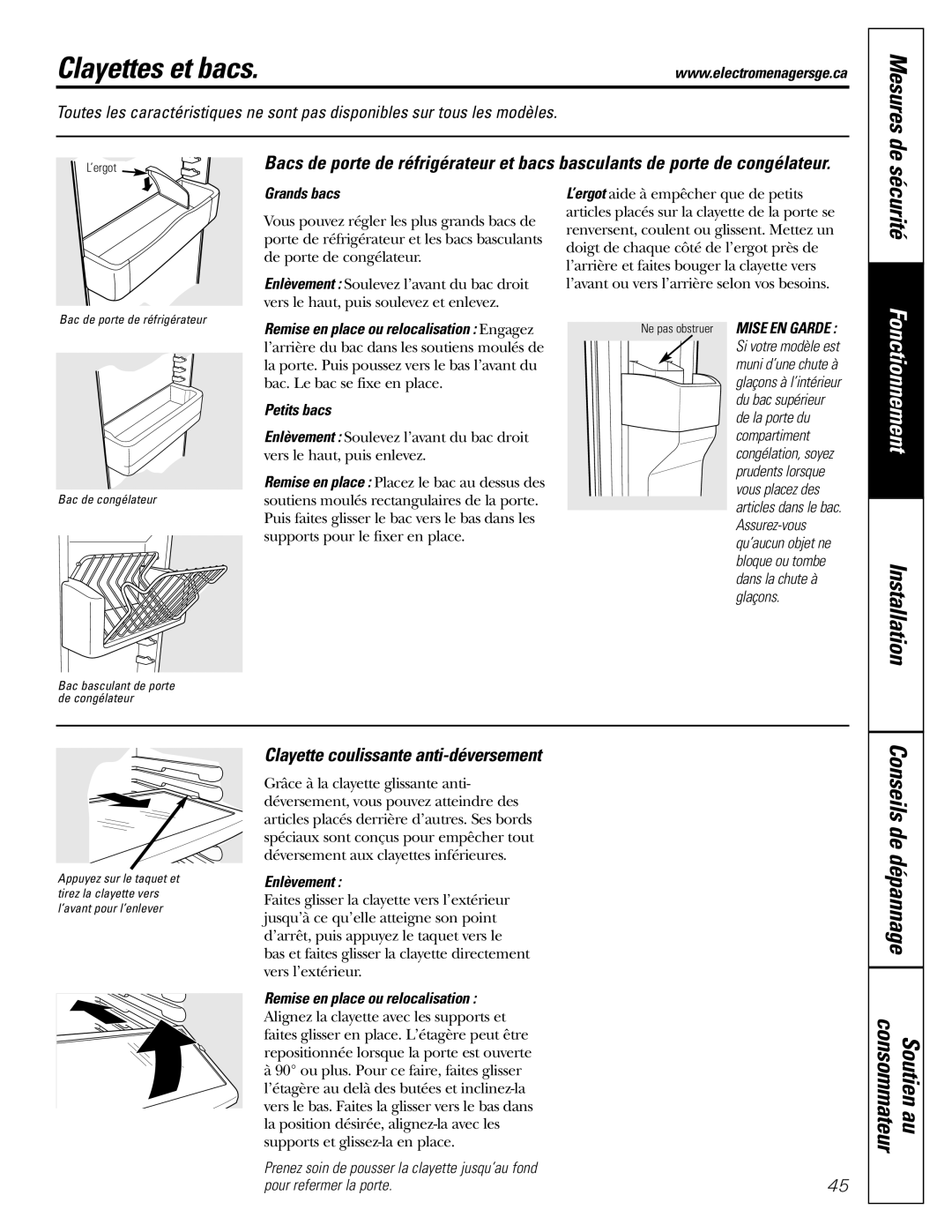 GE Monogram 23 installation instructions Clayettes et bacs, Clayette coulissante anti-déversement, Mesures de 