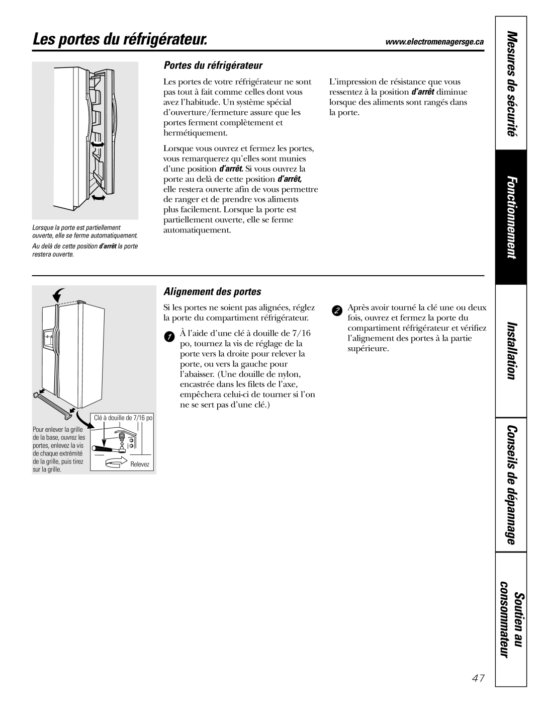 GE Monogram 23 installation instructions Les portes du réfrigérateur, Portes du réfrigérateur, Alignement des portes 