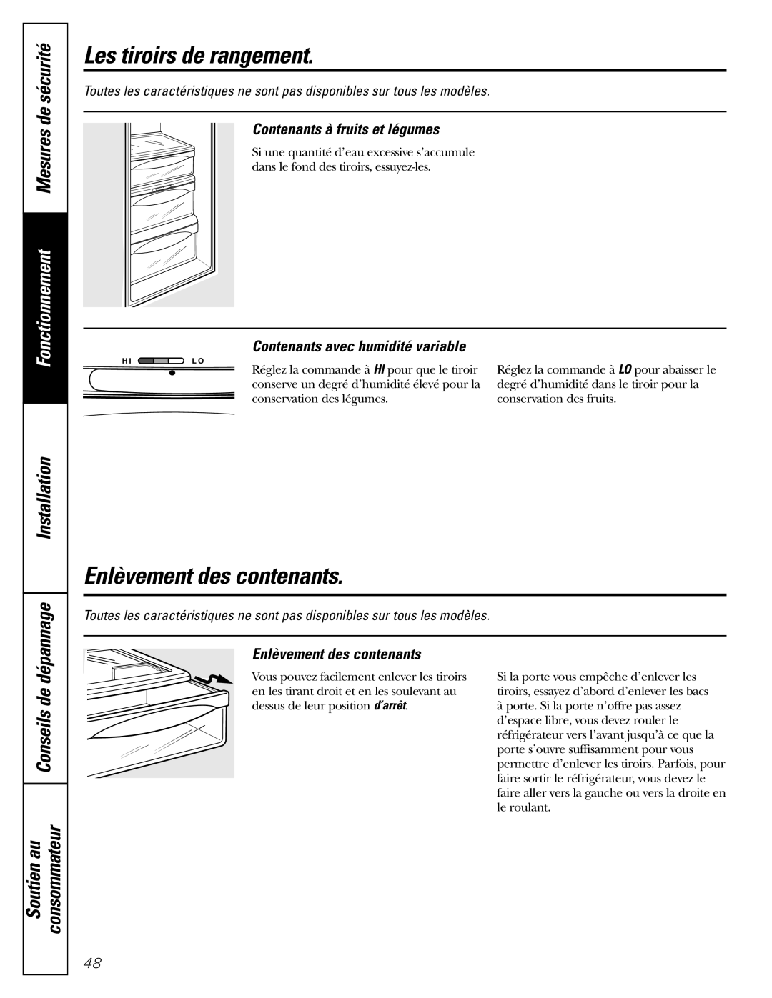 GE Monogram 23 installation instructions Les tiroirs de rangement, Enlèvement des contenants, Conseils de dé 