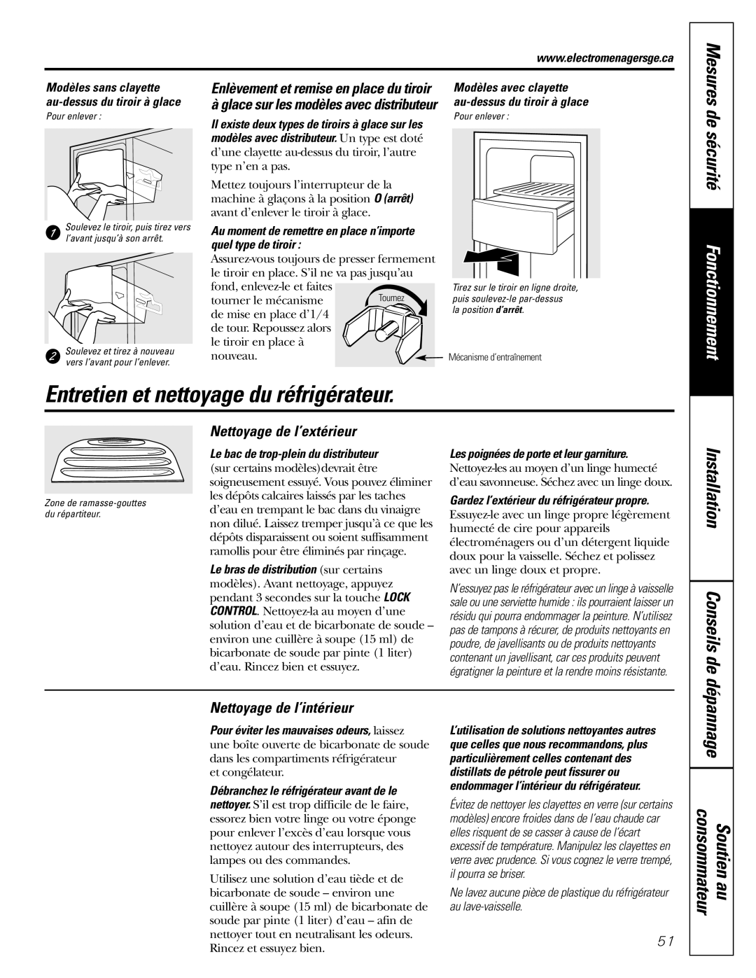 GE Monogram 23 Entretien et nettoyage du réfrigérateur, Nettoyage de l’extérieur, Nettoyage de l’intérieur 