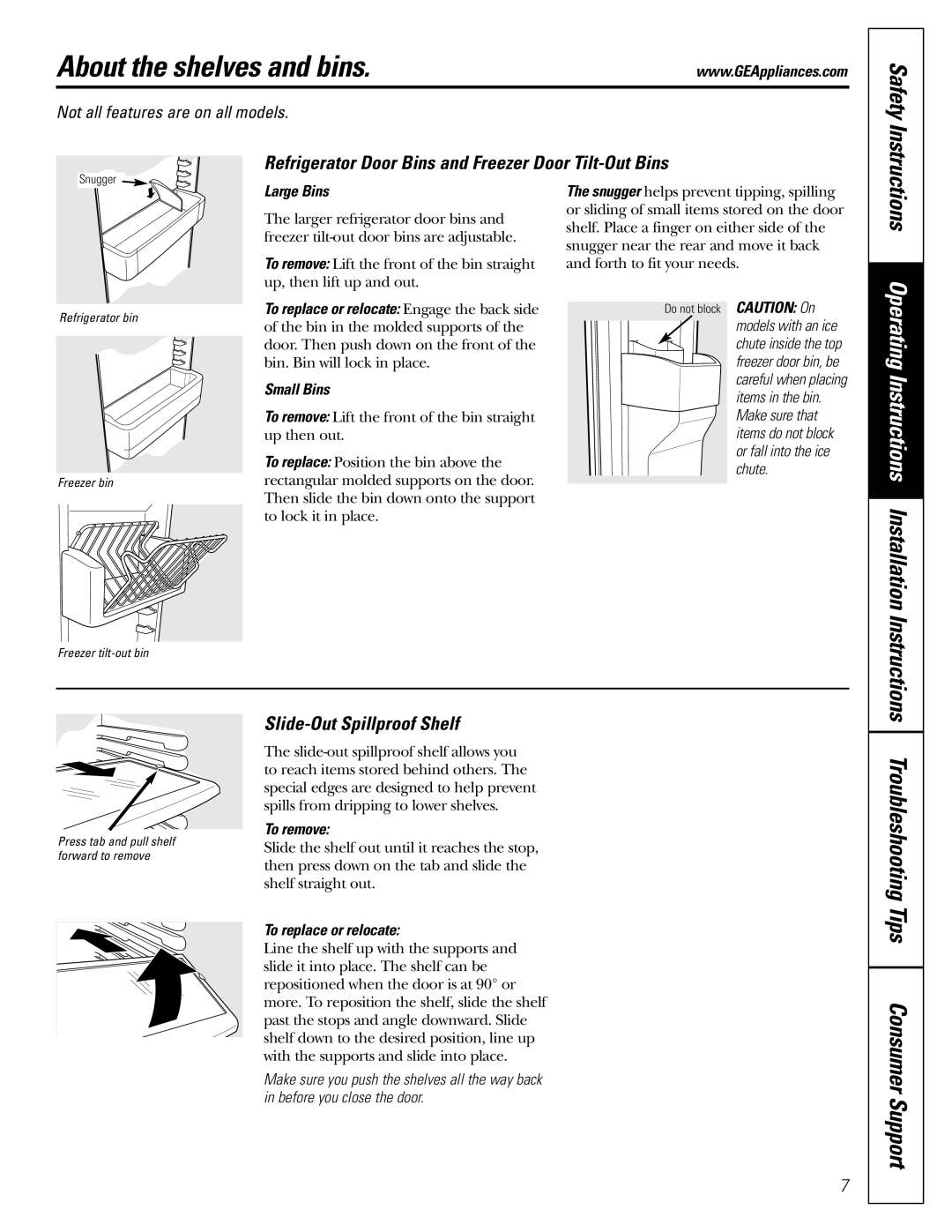 GE Monogram 23 installation instructions About the shelves and bins, Refrigerator Door Bins and Freezer Door Tilt-Out Bins 