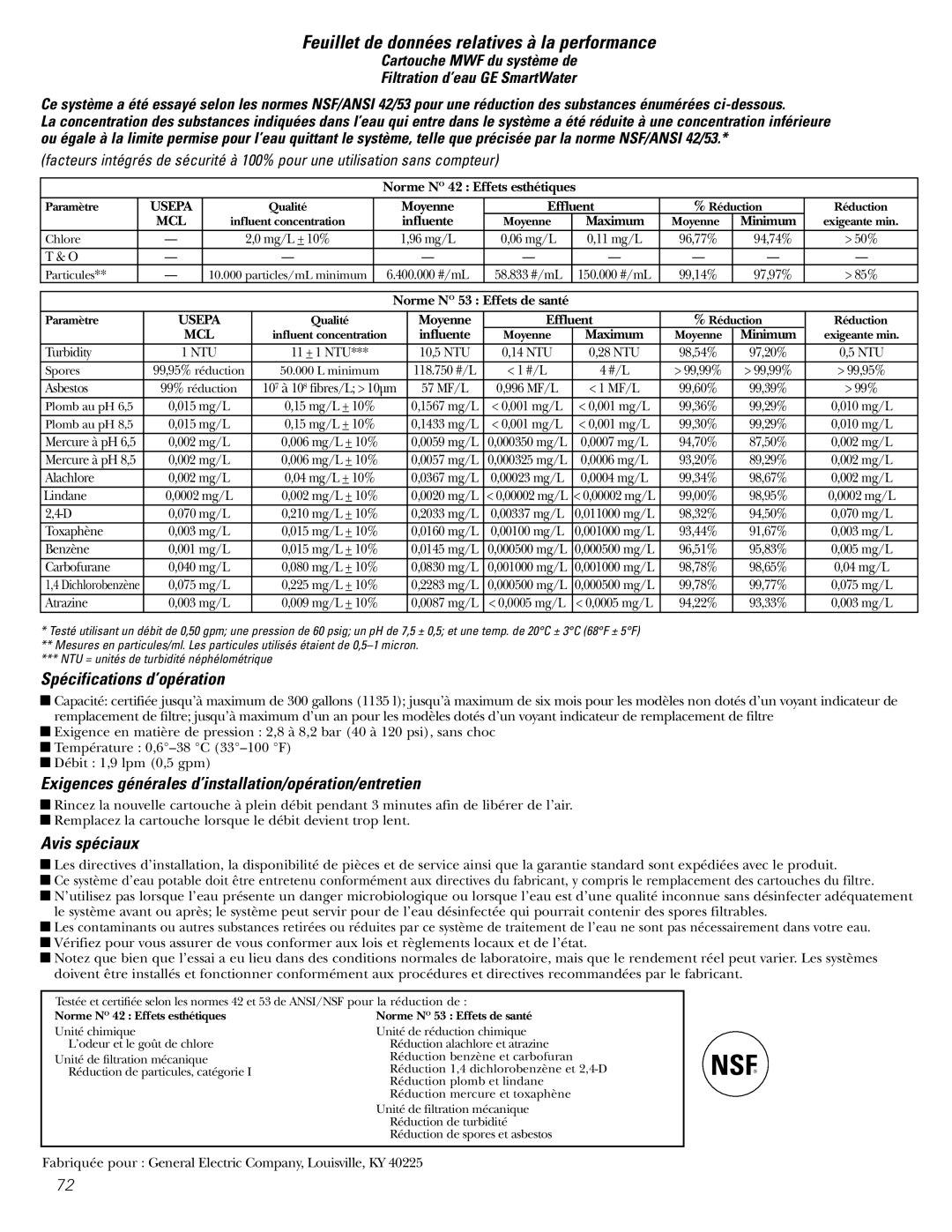 GE Monogram 23 Feuillet de données relatives à la performance, Spécifications d’opération, Avis spéciaux 