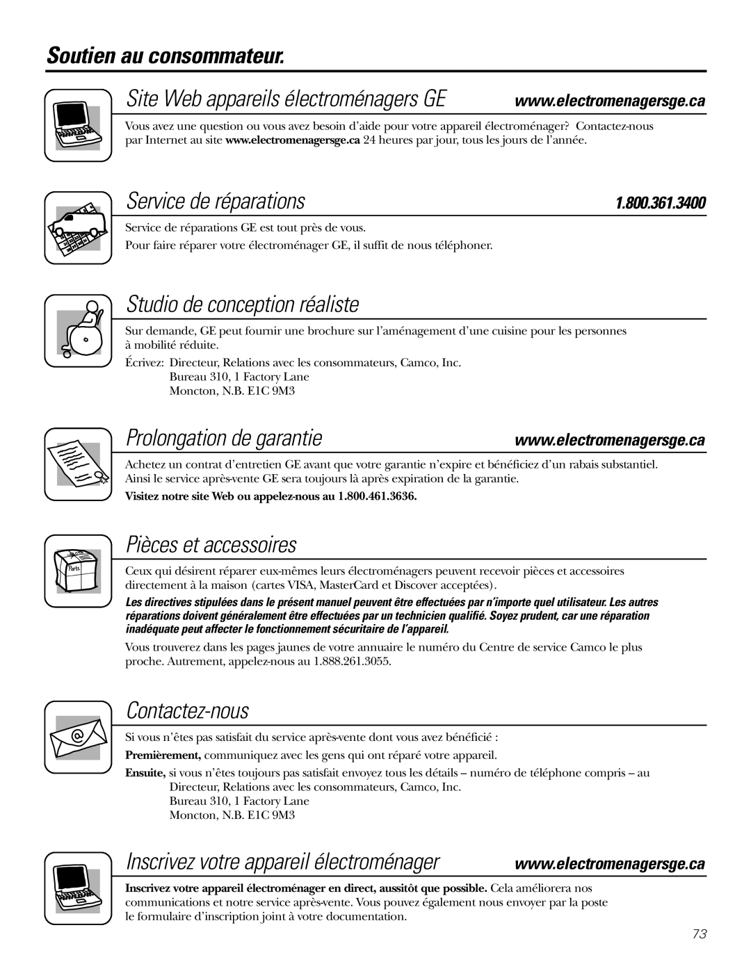 GE Monogram 23 installation instructions Soutien au consommateur, Service de réparations, Prolongation de garantie 