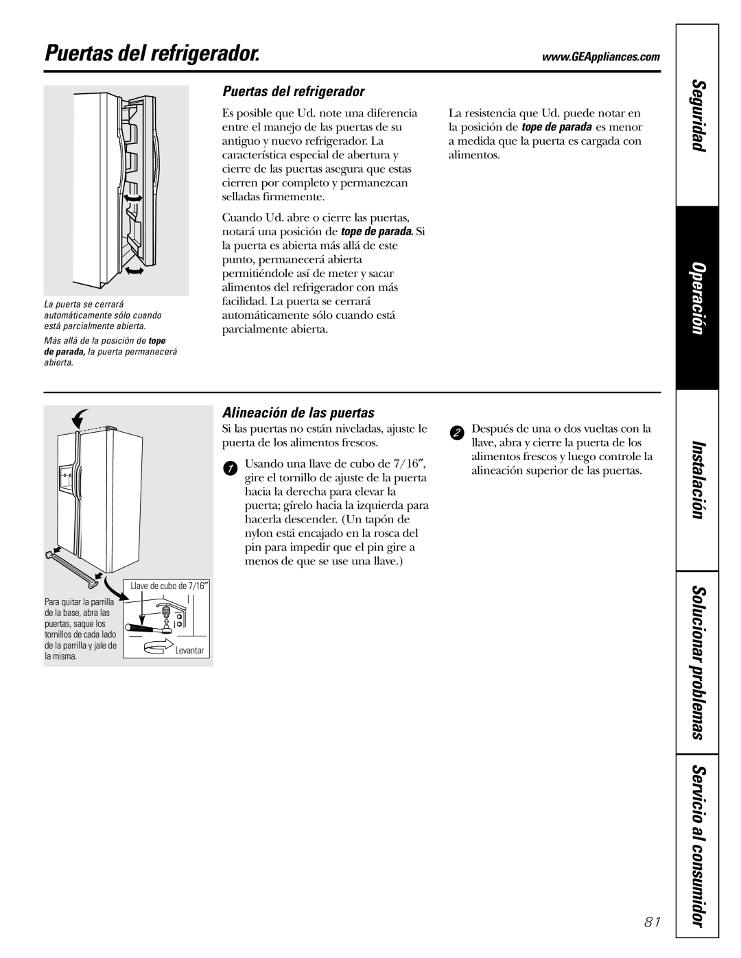 GE Monogram 23 installation instructions Puertas del refrigerador, Alineación de las puertas 