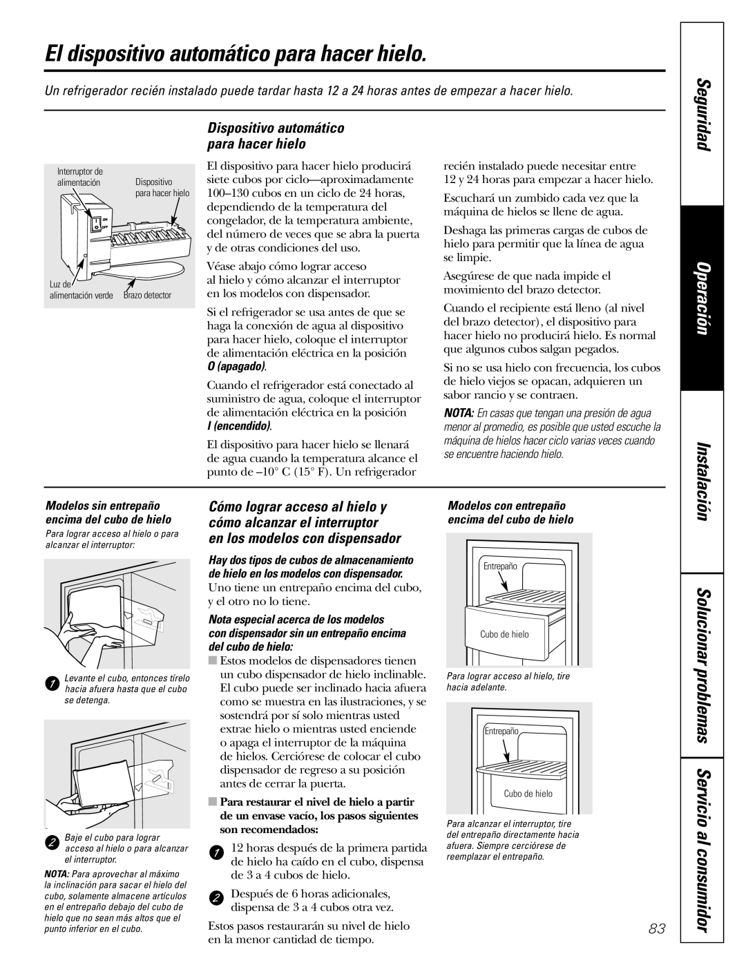 GE Monogram 23 installation instructions El dispositivo automático para hacer hielo, Encendido 