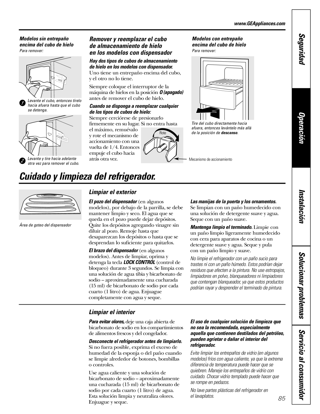 GE Monogram 23 Cuidado y limpieza del refrigerador, Limpiar el exterior, Limpiar el interior, El lavaplatos 