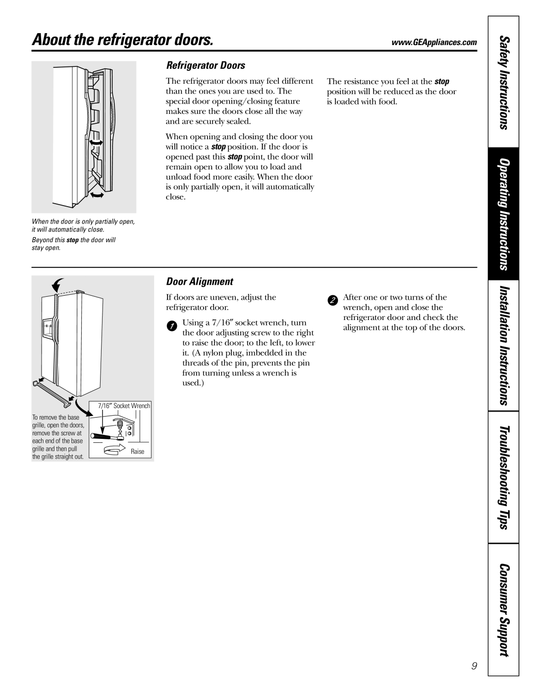 GE Monogram 23 installation instructions About the refrigerator doors, Refrigerator Doors, Door Alignment, Safety 