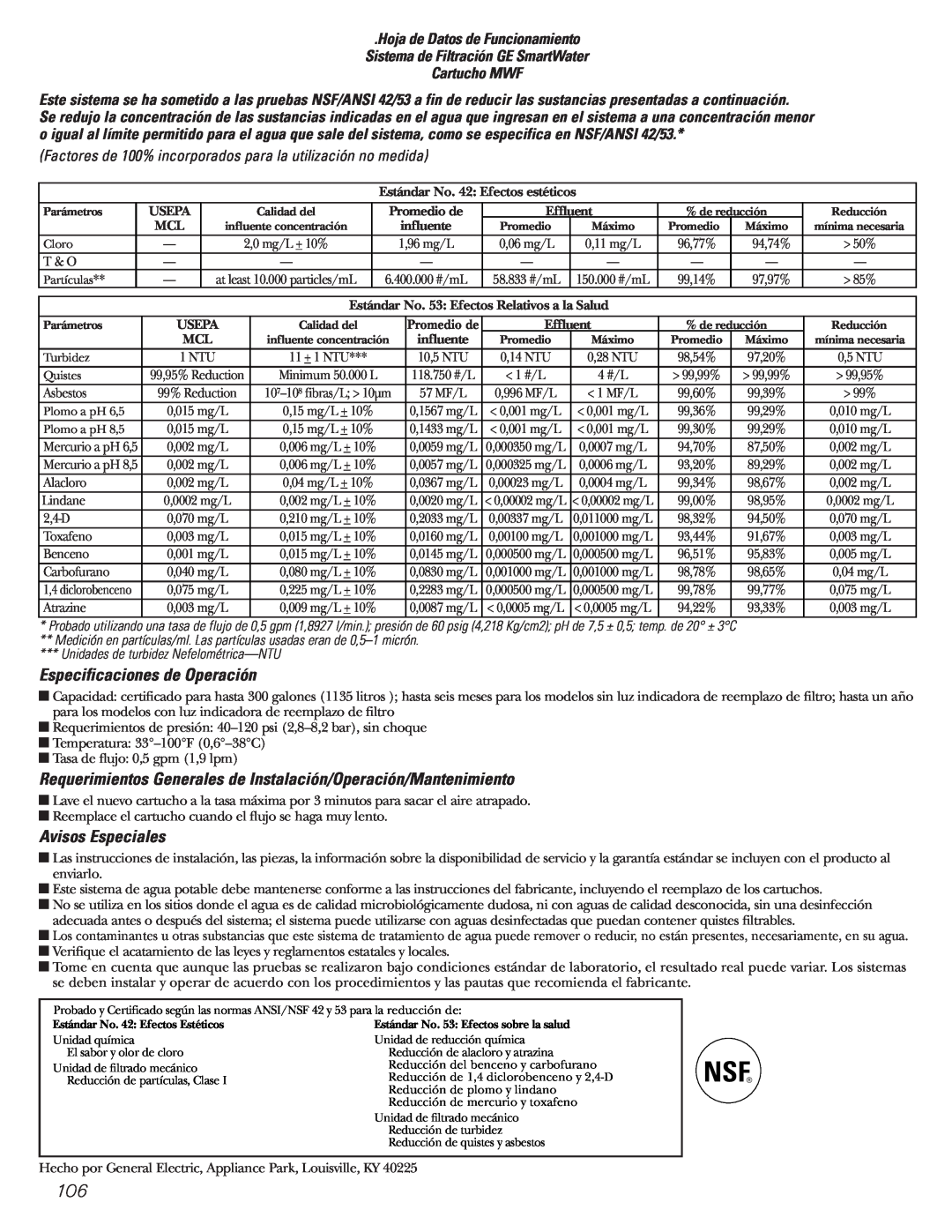 GE Monogram 23 Especificaciones de Operación, Avisos Especiales, Unidades de turbidez Nefelométrica—NTU 