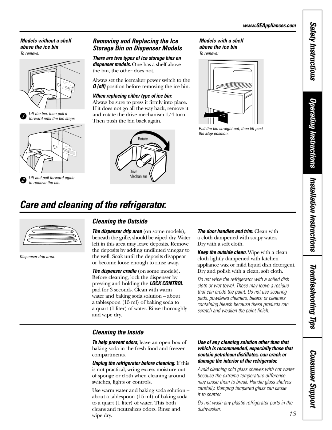 GE Monogram 23 Care and cleaning of the refrigerator, Installation, Instructions Operating Instructions, Safety 