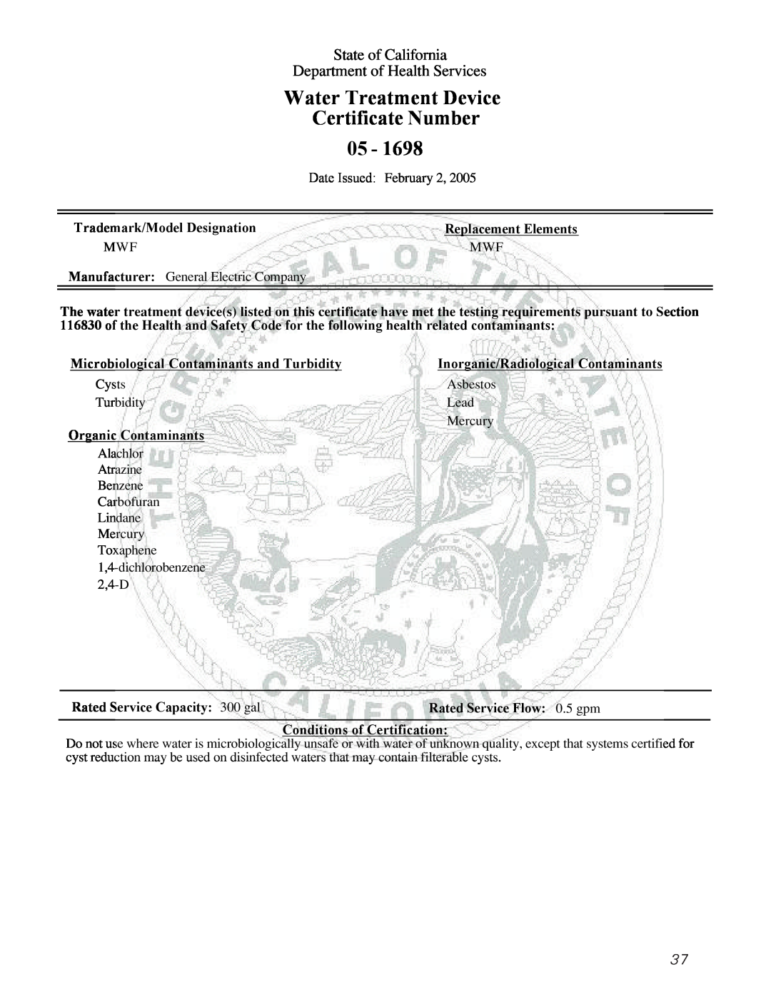 GE Monogram 23 Water Treatment Device, State of California, Department of Health Services, Certificate Number, 05 