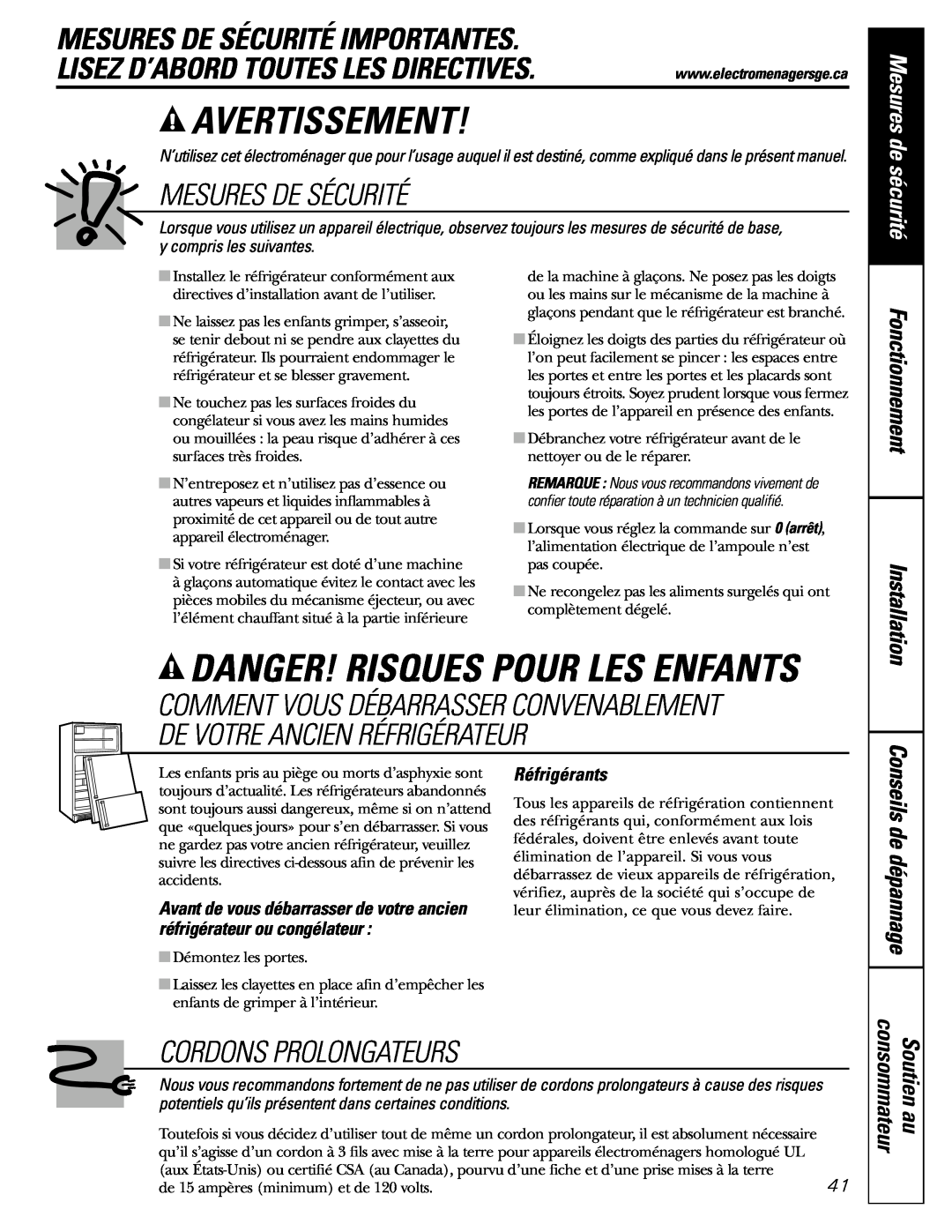GE Monogram 23 Avertissement, Danger! Risques Pour Les Enfants, Mesures De Sécurité Importantes, Cordons Prolongateurs 