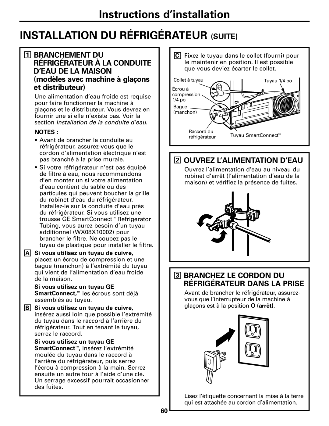 GE Monogram 23 Installation Du Réfrigérateur Suite, 2OUVREZ L’ALIMENTATION D’EAU, Instructions d’installation, Notes 