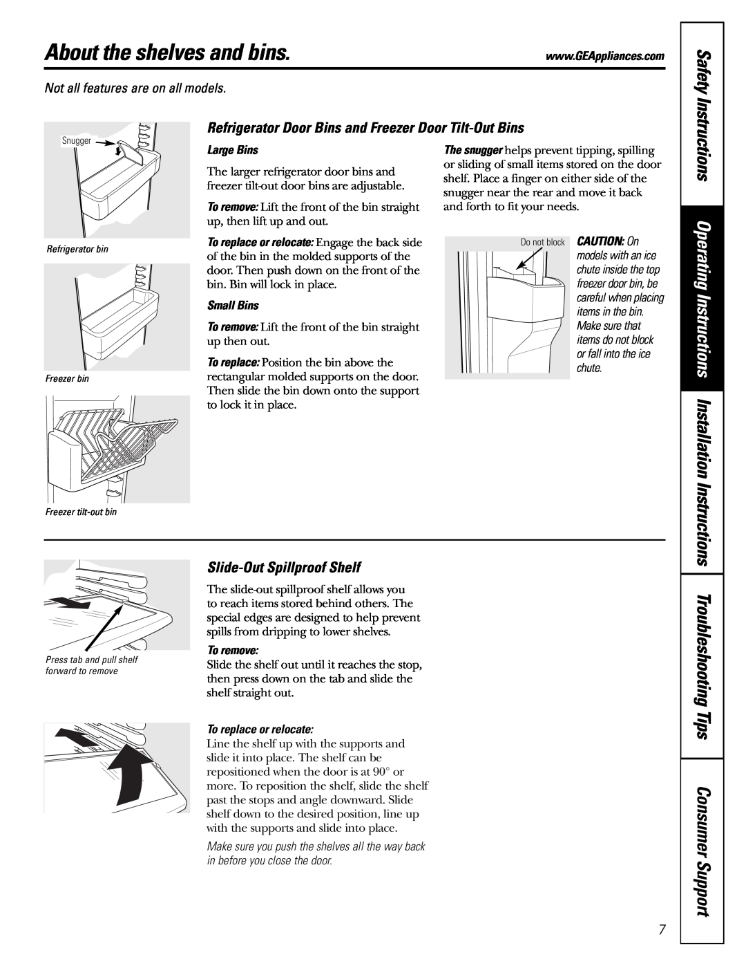 GE Monogram 23 installation instructions About the shelves and bins, Safety, Slide-OutSpillproof Shelf 