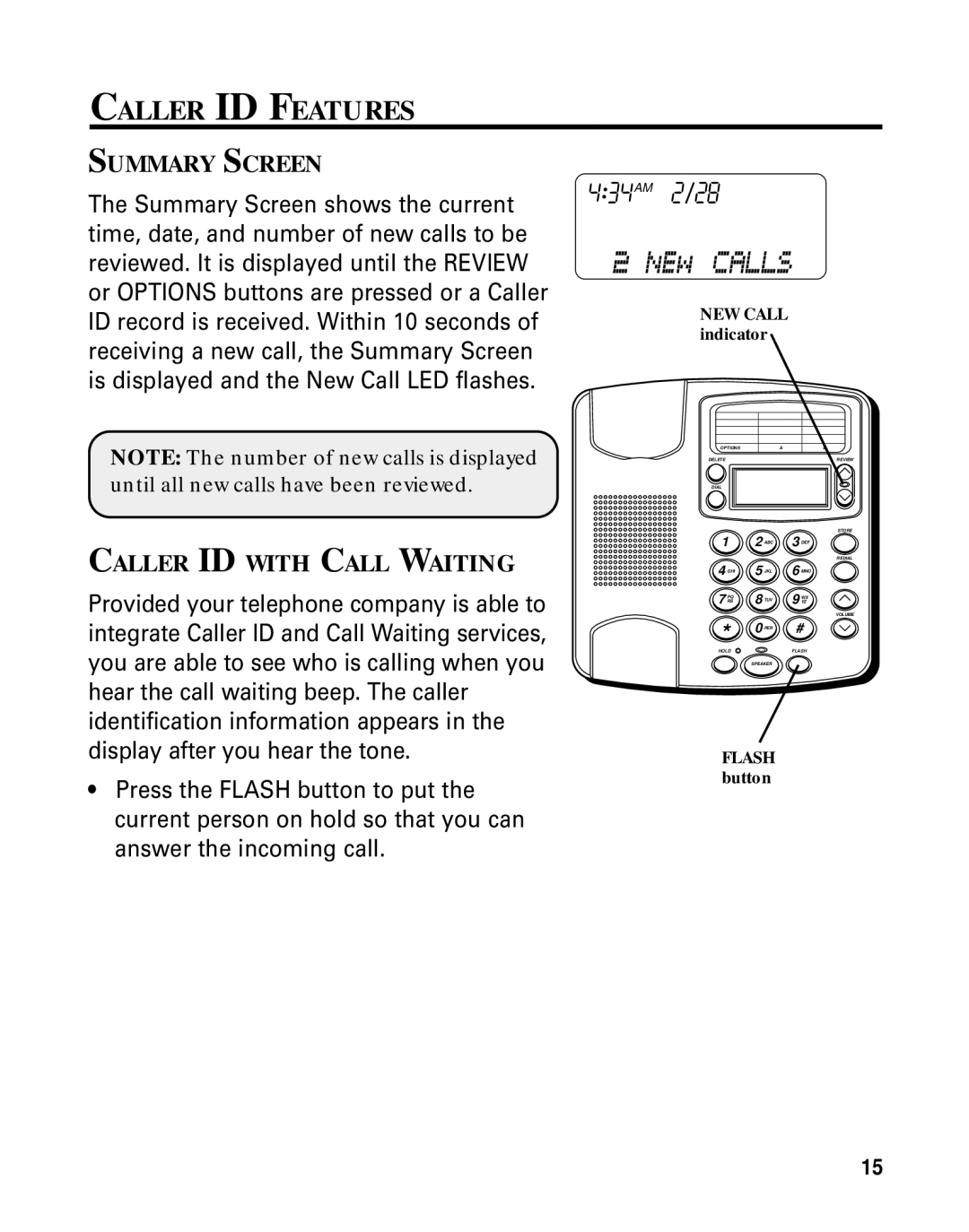 GE Monogram 29391 manual Caller ID Features, Summary Screen, Caller ID with Call Waiting, NEW Call indicator, Flash button 