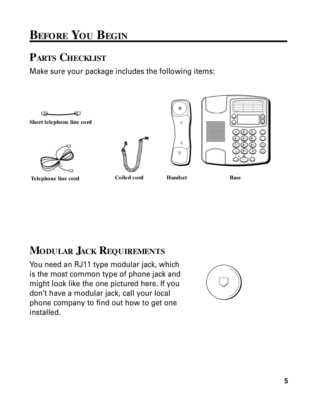 GE Monogram 29391 manual Before YOU Begin, Parts Checklist, Modular Jack Requirements, Short telephone line cord 