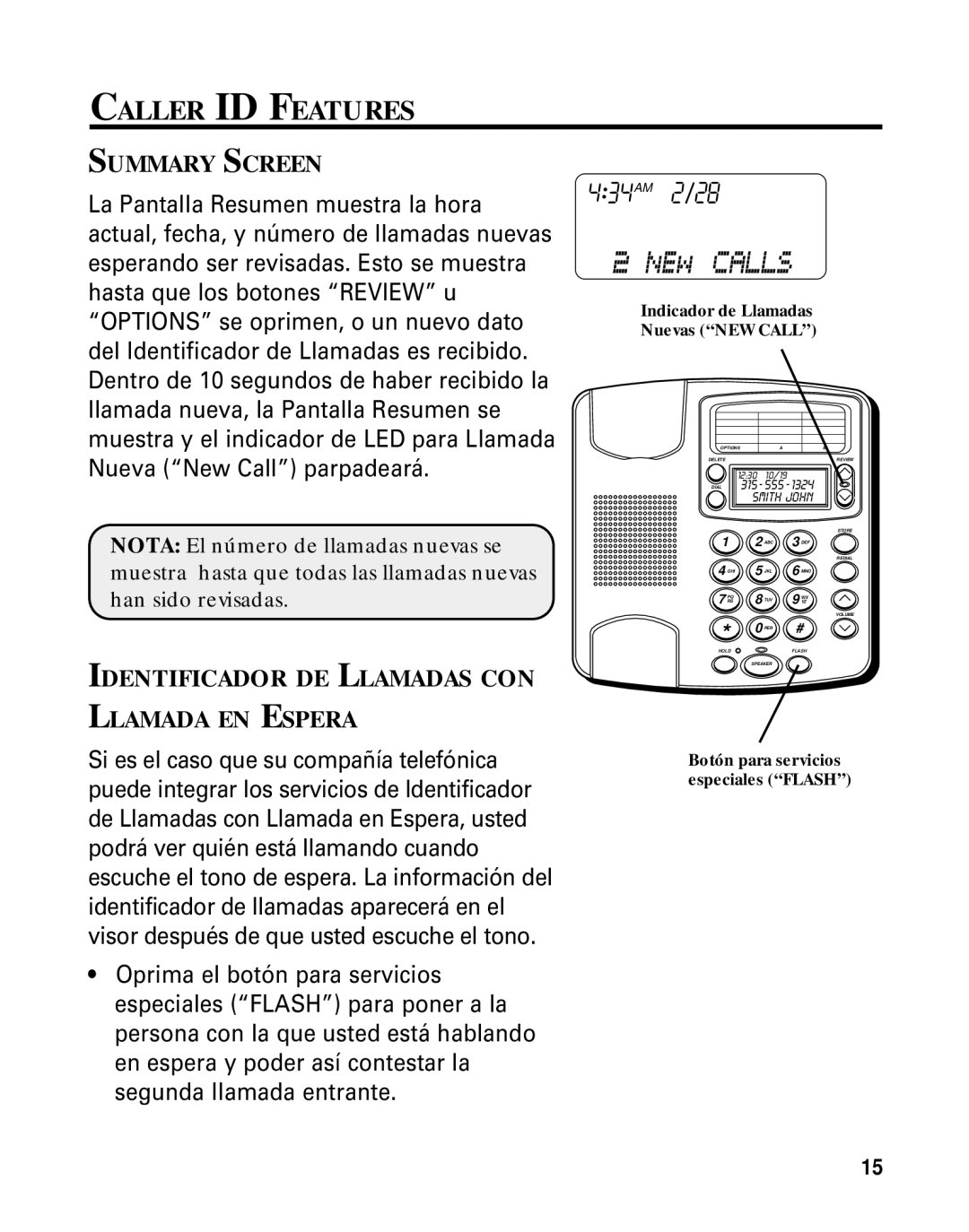 GE Monogram 29391 manual Identificador DE Llamadas CON Llamada EN Espera, Indicador de Llamadas Nuevas NEW Call 