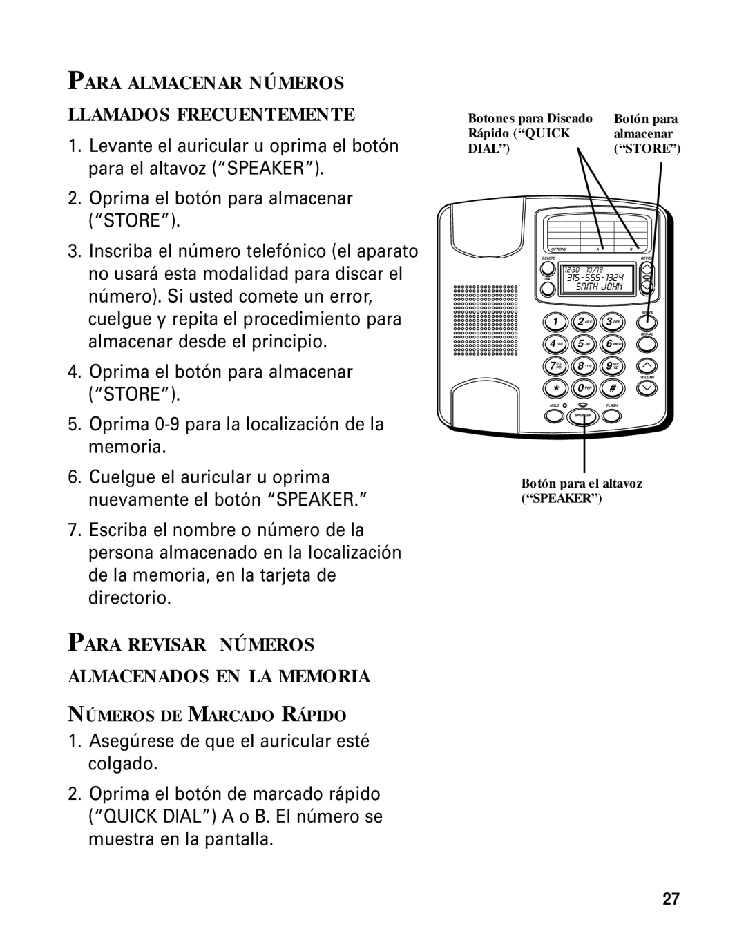 GE Monogram 29391 manual Para Almacenar Números Llamados Frecuentemente, Para Revisar Números Almacenados EN LA Memoria 