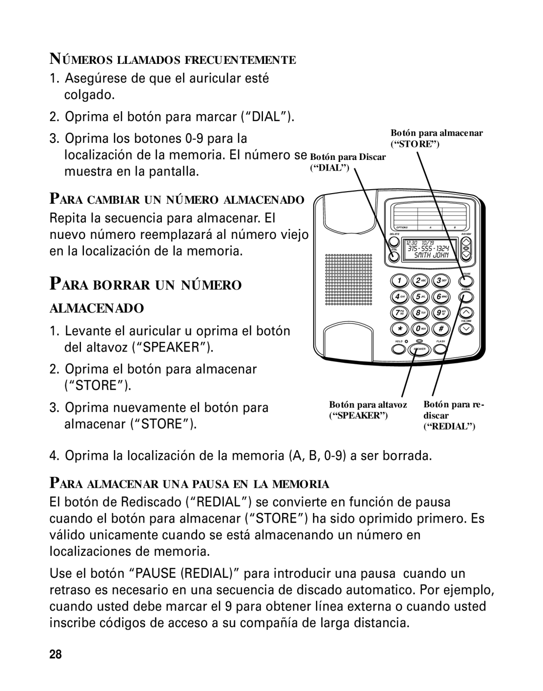 GE Monogram 29391 manual Para Borrar UN Número Almacenado, Dial, Botón para almacenar Store 