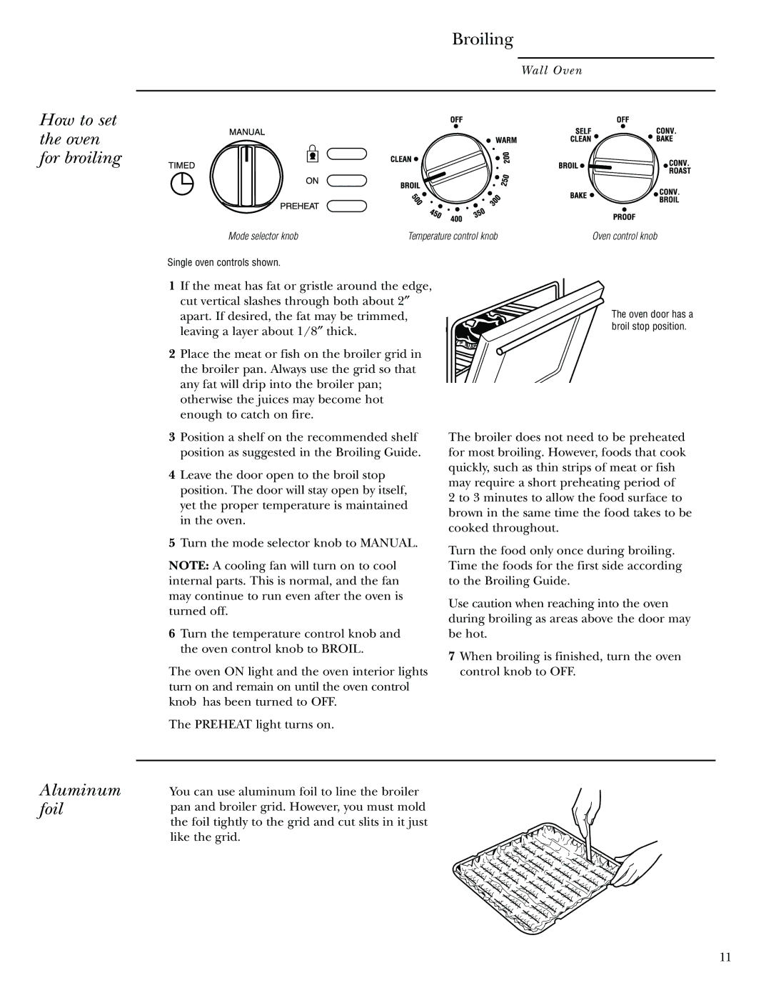 GE Monogram 30 Wall Oven manual How to set the oven for broiling, Broiling, Aluminum foil 