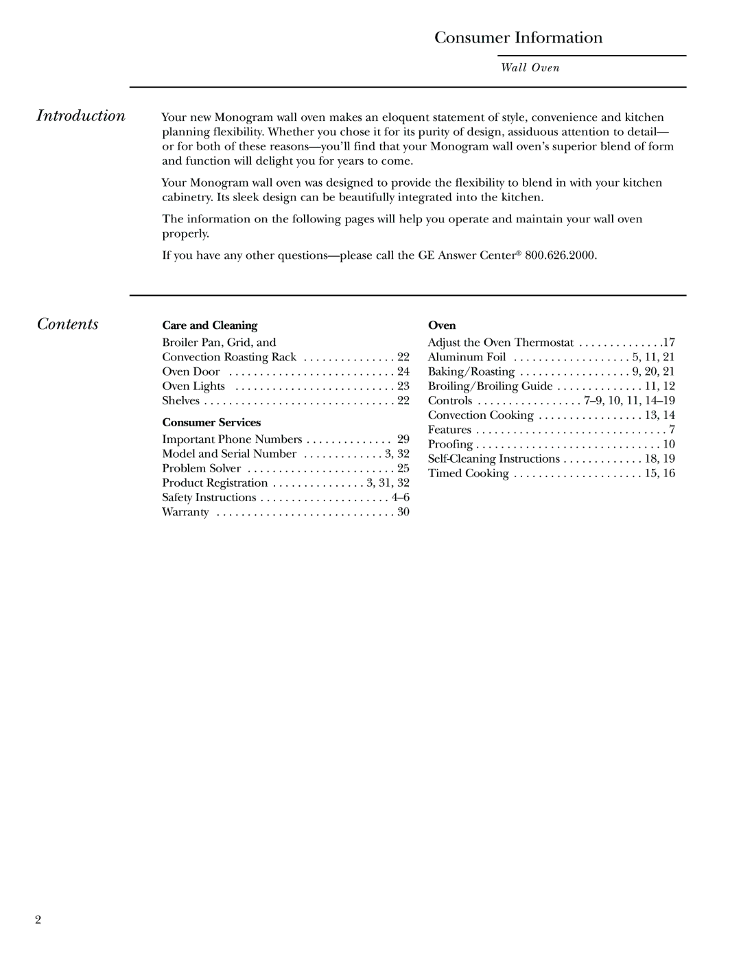 GE Monogram 30 Wall Oven manual Introduction, Contents 