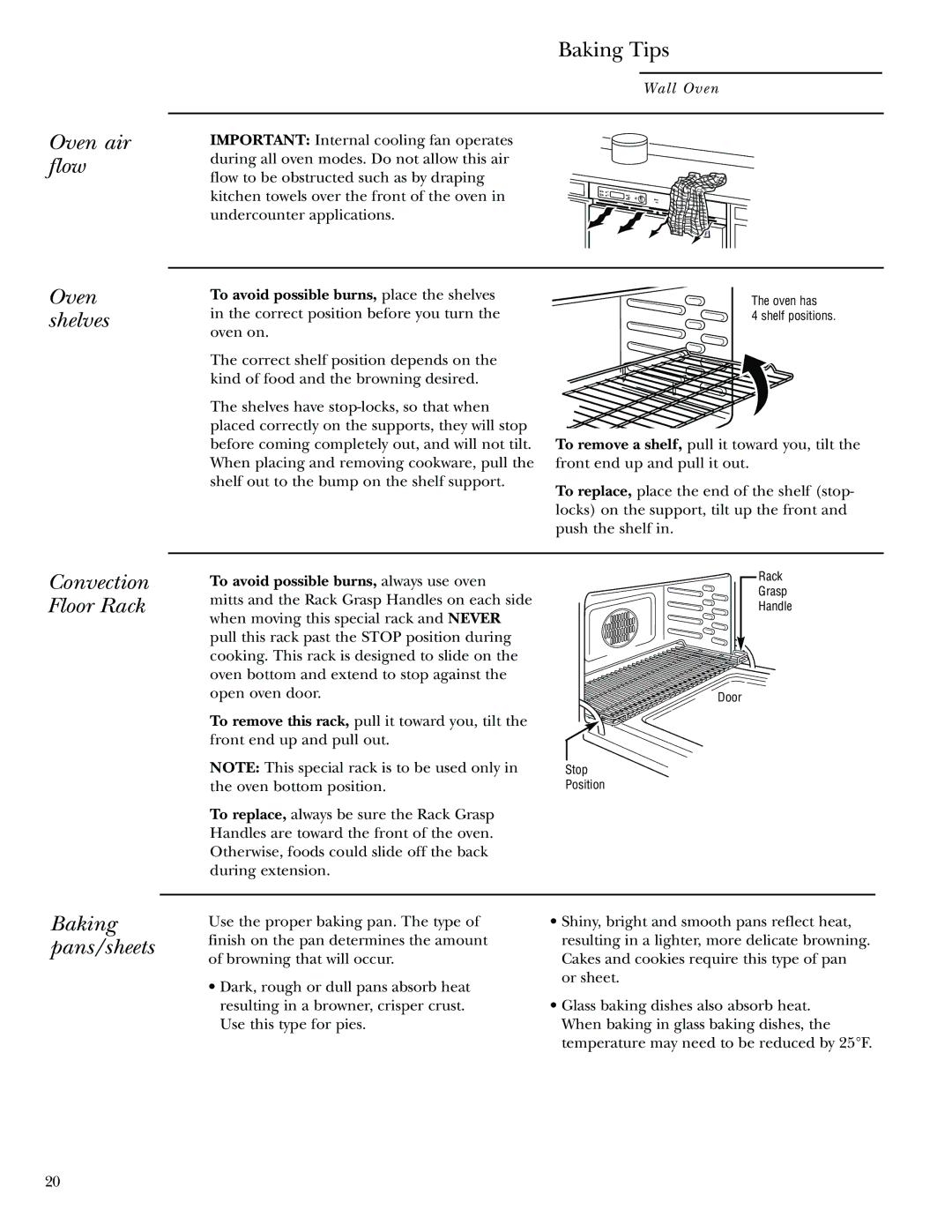 GE Monogram 30 Wall Oven manual Oven air flow, Baking Tips, Oven shelves, Convection Floor Rack, Baking pans/sheets 