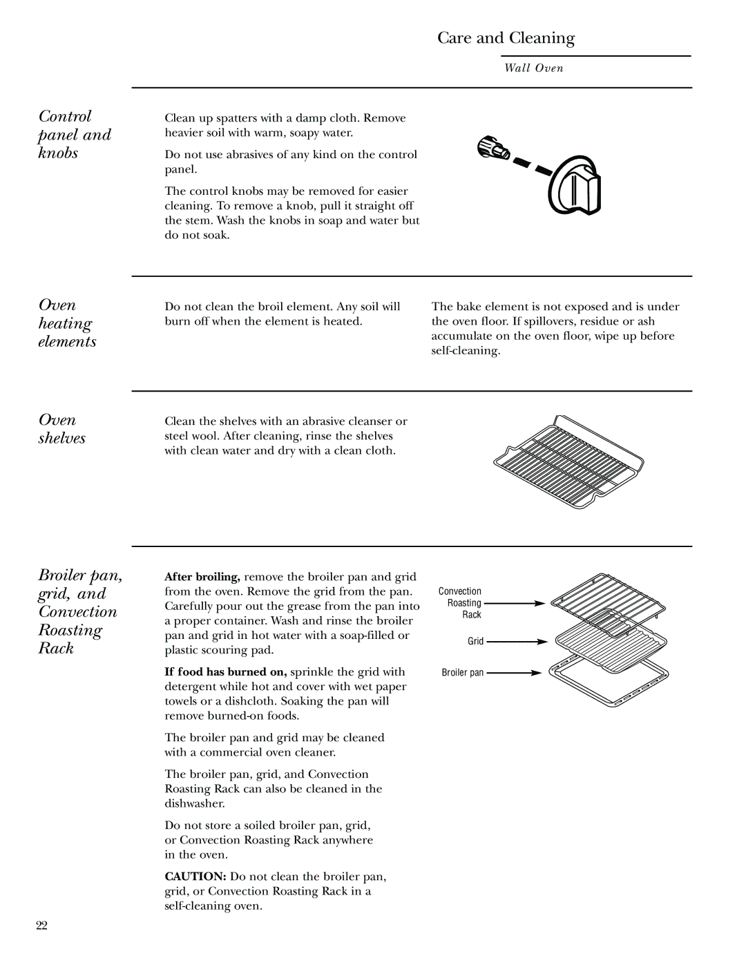 GE Monogram 30 Wall Oven manual Control panel and knobs Oven heating elements Oven shelves, Care and Cleaning 