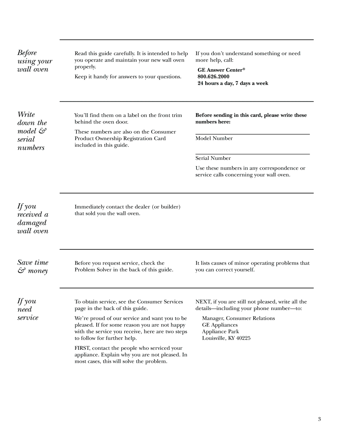 GE Monogram 30 Wall Oven manual Before using your wall oven, Write down the model & serial numbers, If you need service 