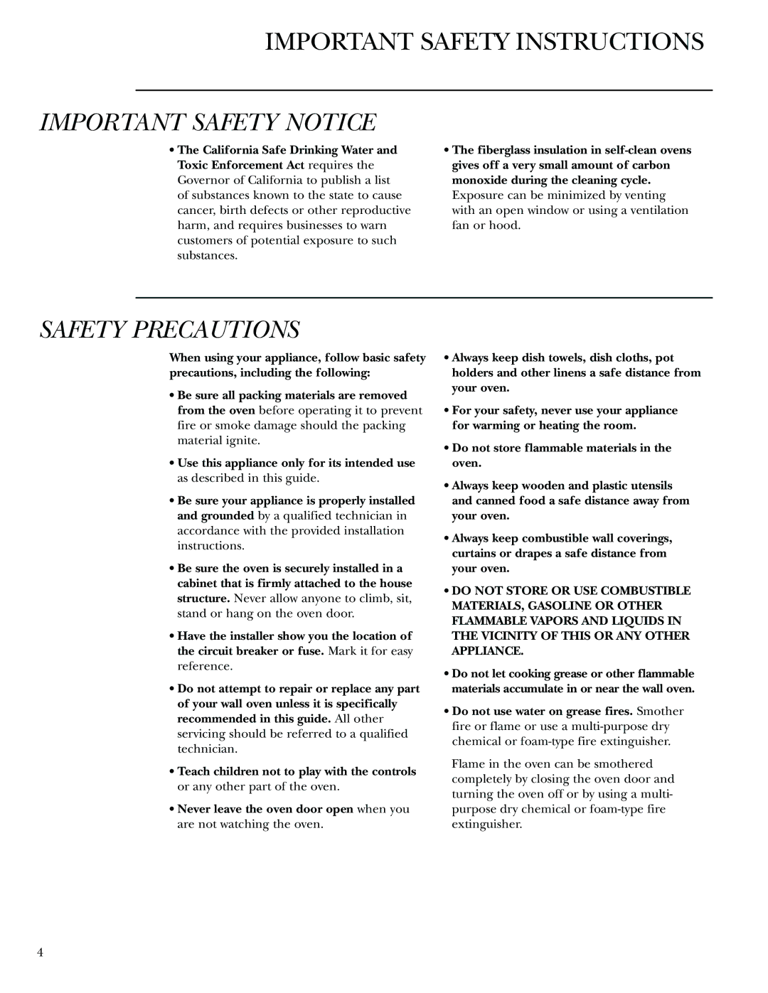 GE Monogram 30 Wall Oven manual Important Safety Notice 