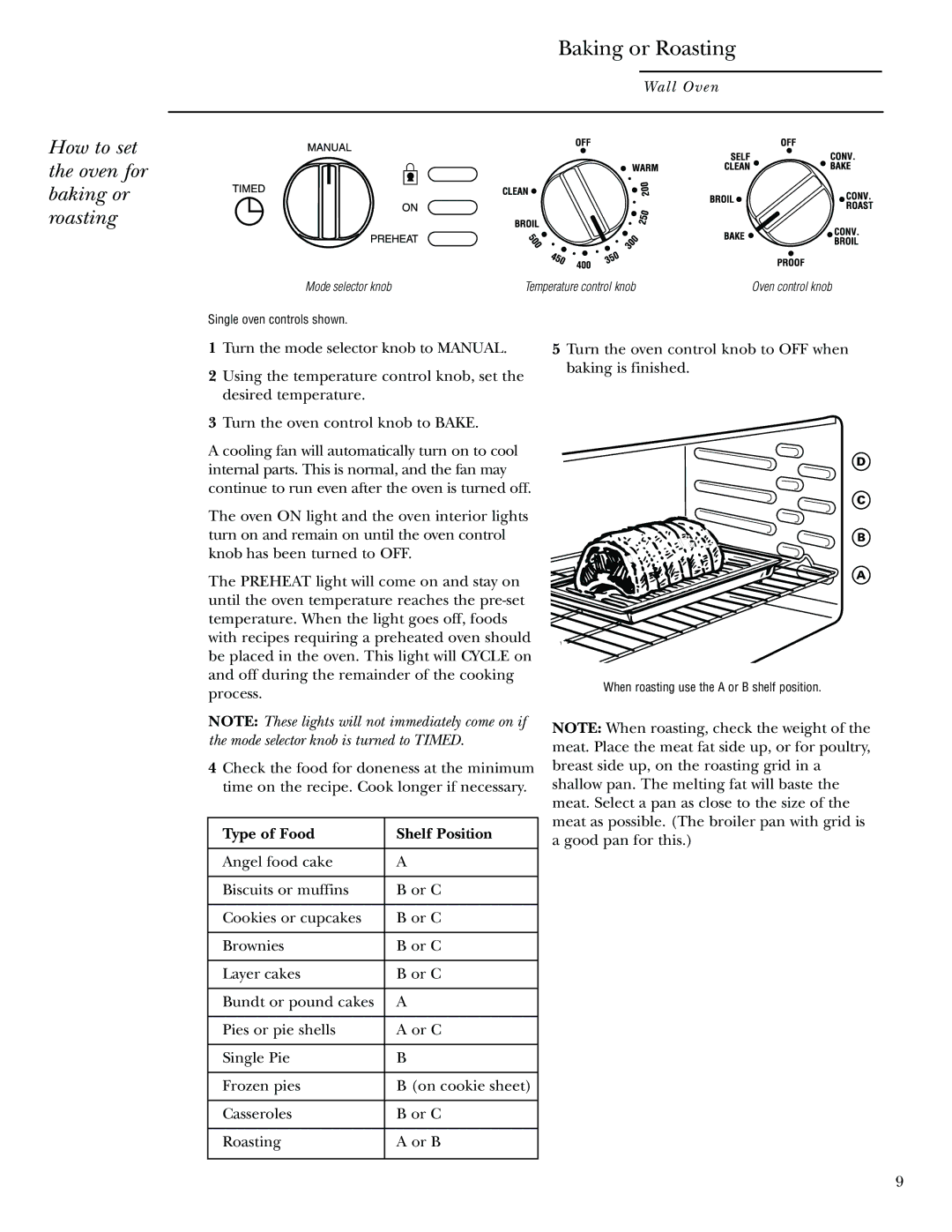 GE Monogram 30 Wall Oven manual Baking or Roasting, Type of Food Shelf Position 