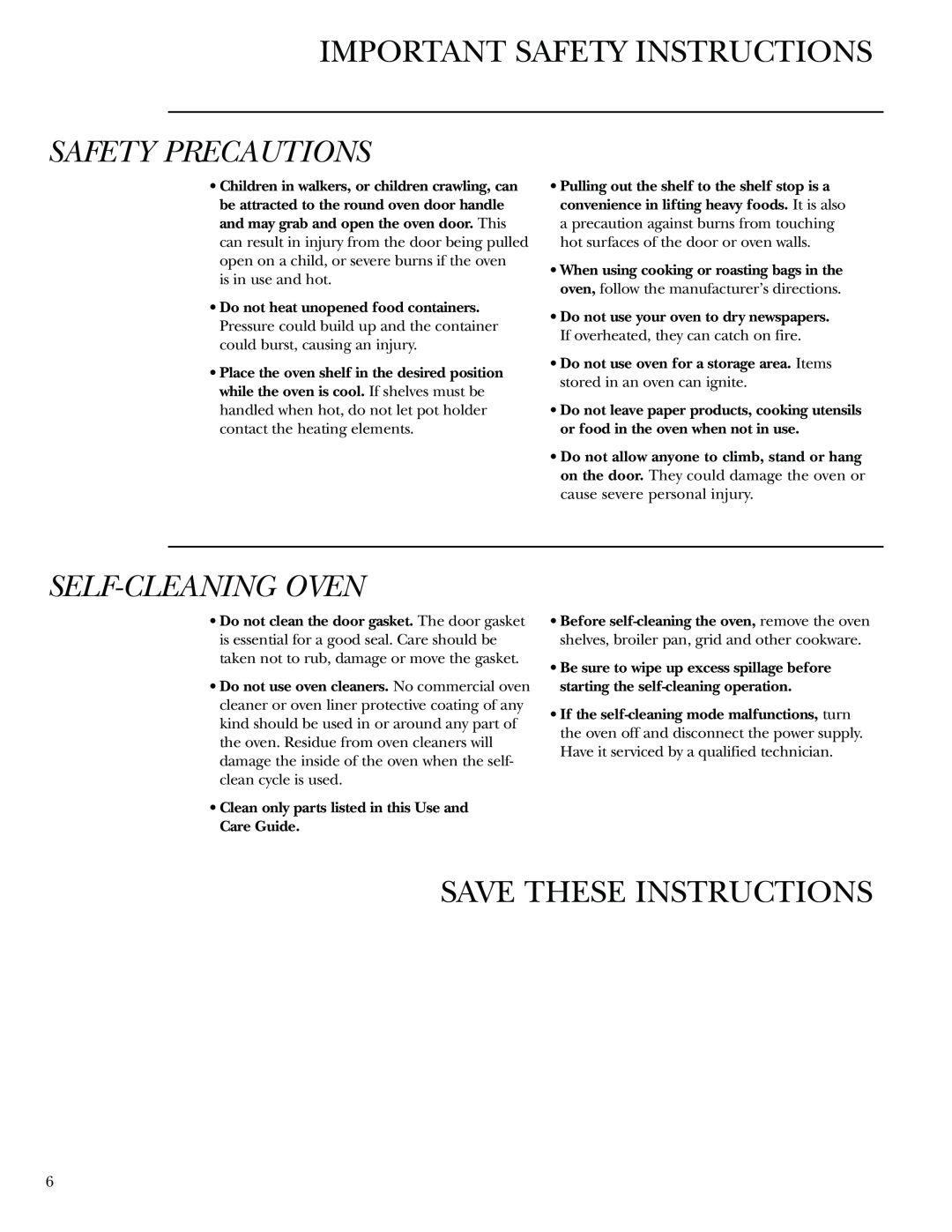 GE Monogram 30 Wall Oven Self-Cleaningoven, Save These Instructions, Important Safety Instructions, Safety Precautions 