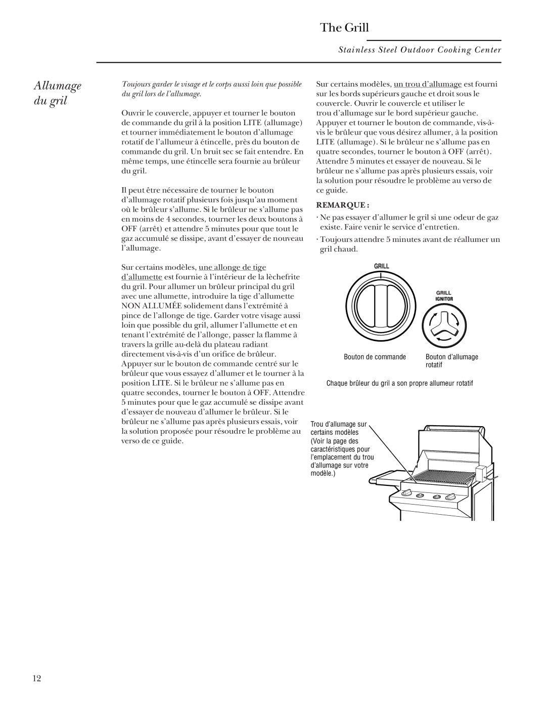 GE Monogram 36, 48, 24, 27 manual Allumage du gril, Remarque 