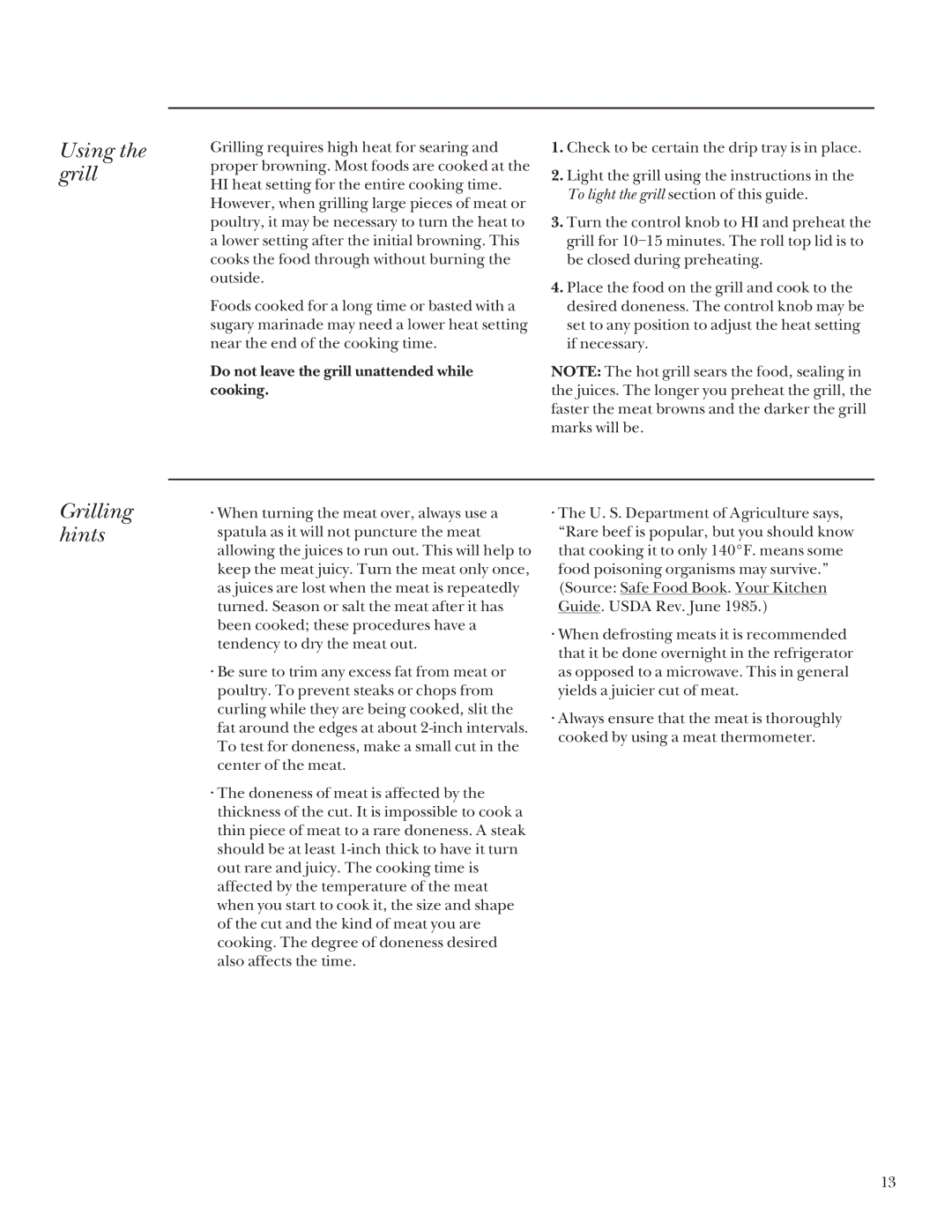 GE Monogram 48, 36, 24, 27 manual Using the grill, Grilling hints 