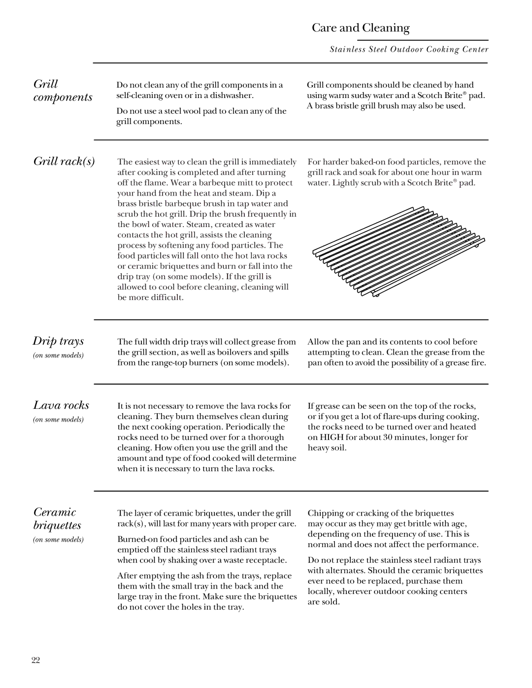 GE Monogram 24, 36, 48, 27 manual Grill components Care and Cleaning, Drip trays, Lava rocks 