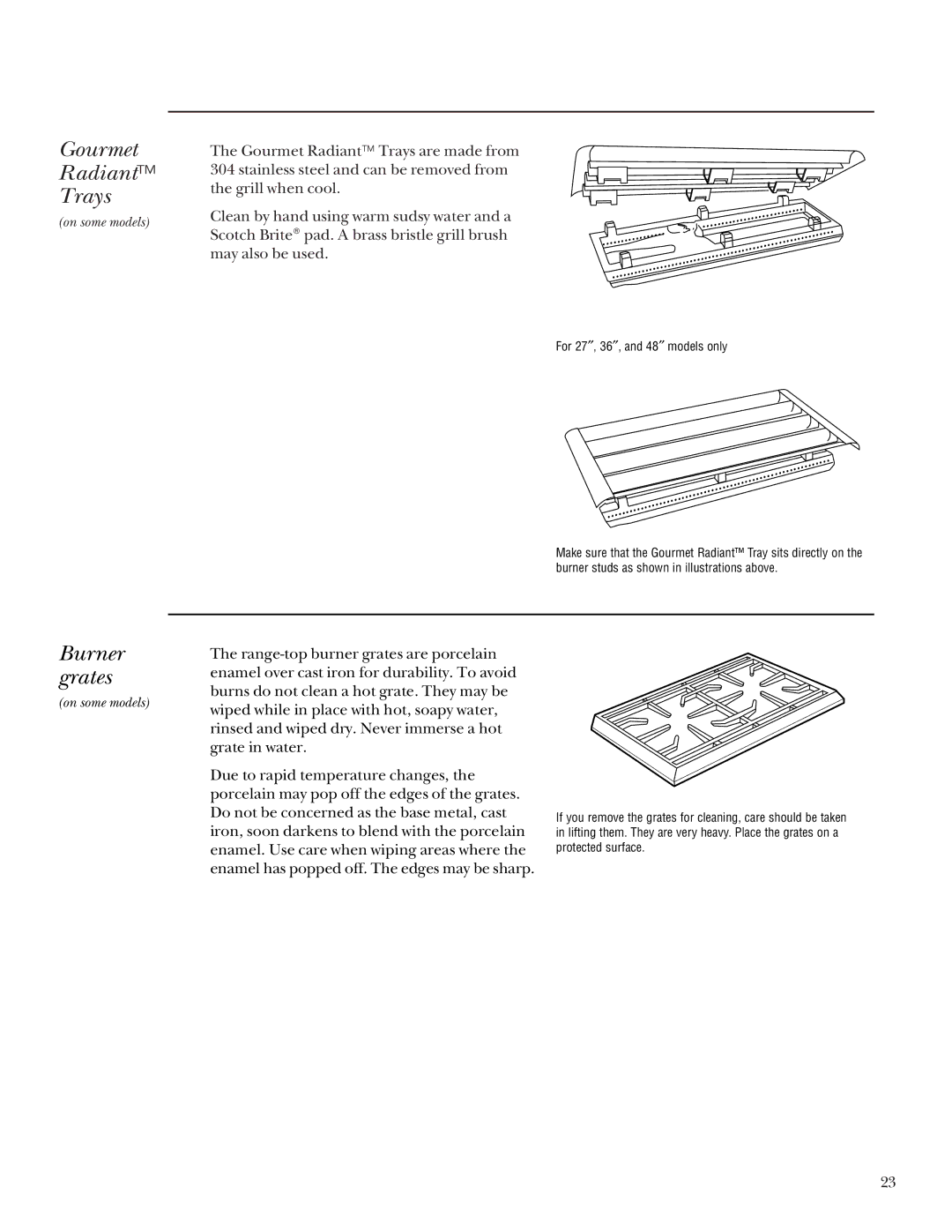 GE Monogram 27, 36, 48, 24 manual Gourmet Radiant Trays, Burner grates 