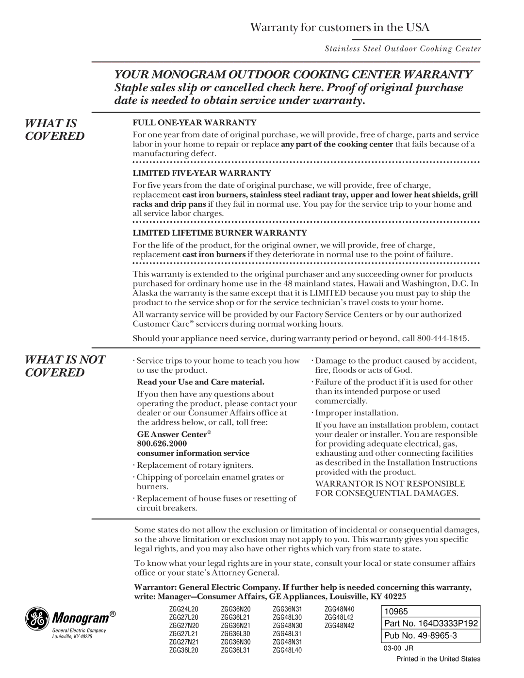 GE Monogram 36, 48, 24, 27 manual Warranty for customers in the USA 