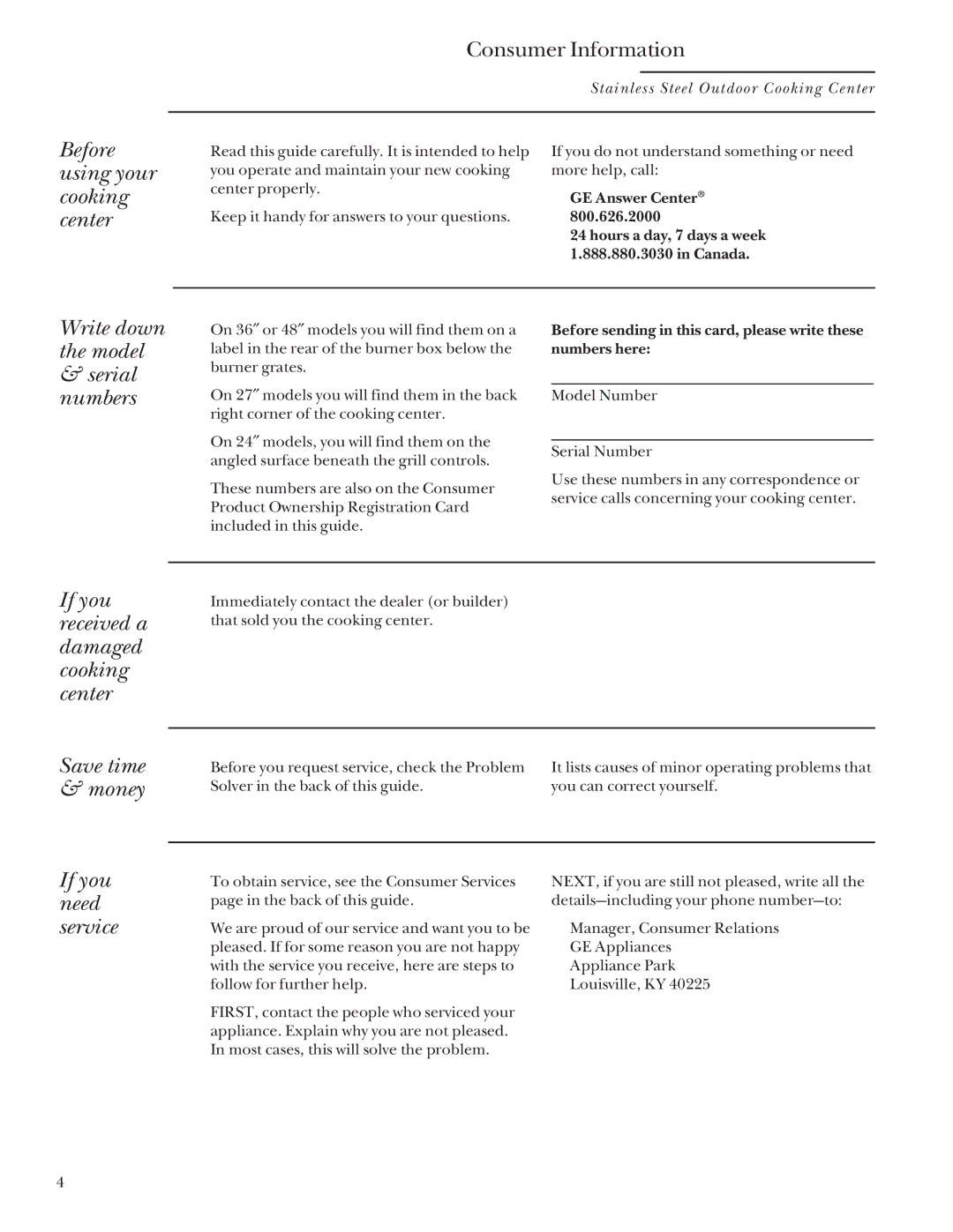 GE Monogram 36, 48, 24, 27 manual Before using your cooking center, Write down the model Serial numbers, Save time & money 