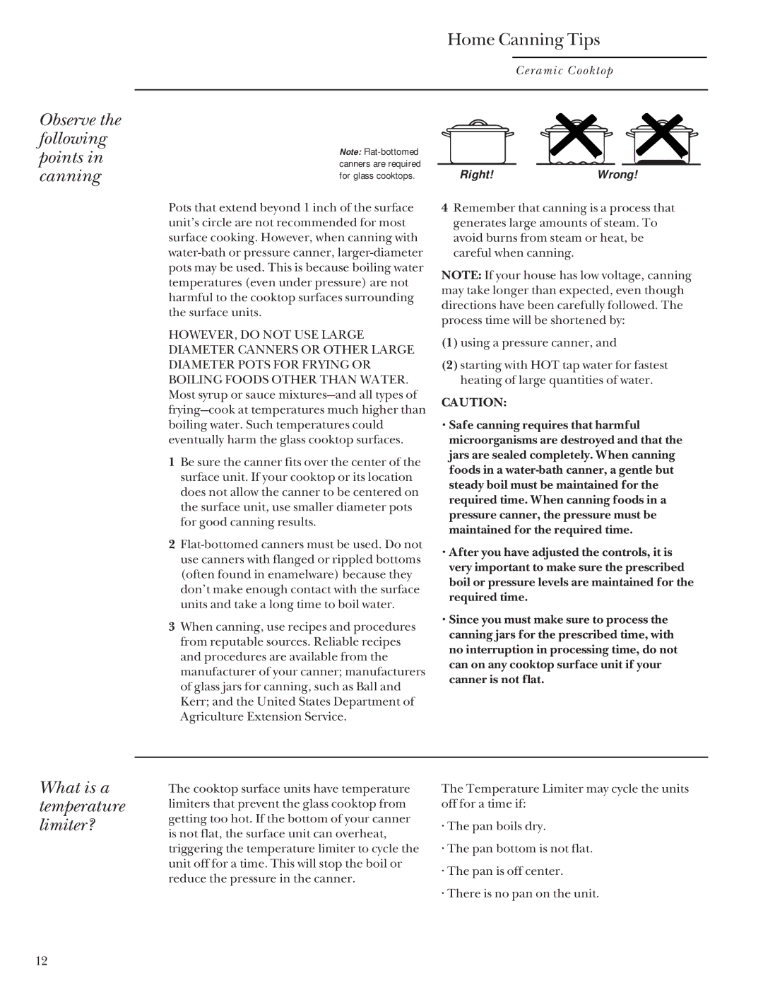 GE Monogram 36 Ceramic Cooktop manual Observe the following points in canning, What is a temperature limiter? 