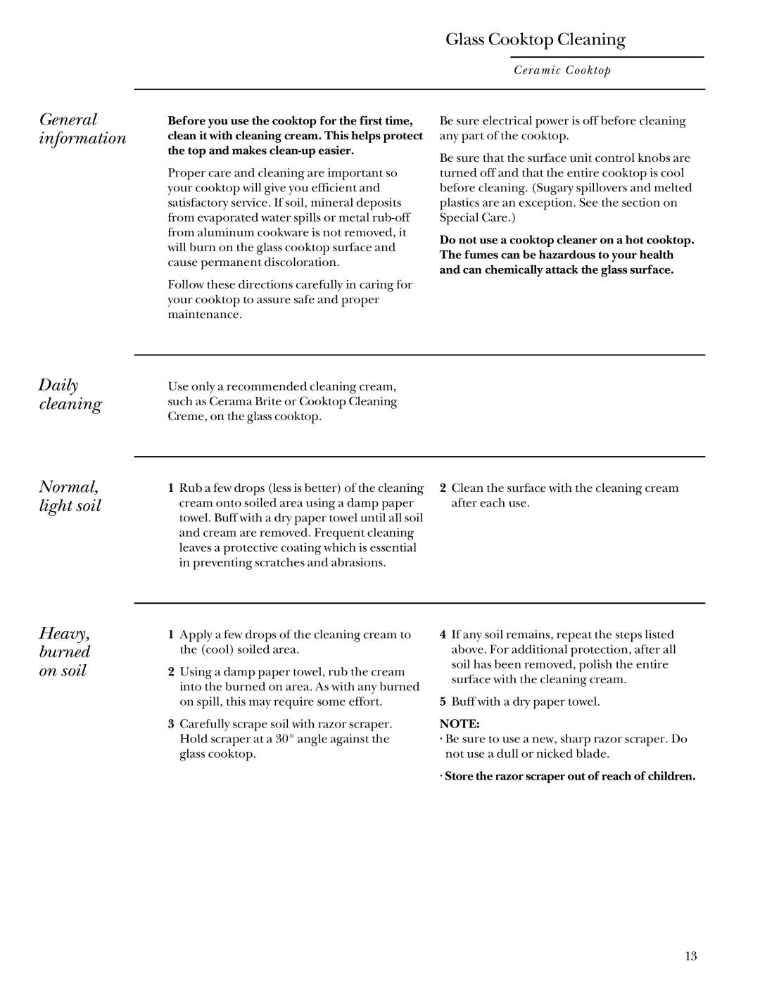 GE Monogram 36 Ceramic Cooktop manual General information, Daily cleaning Normal, light soil, Heavy, burned on soil 