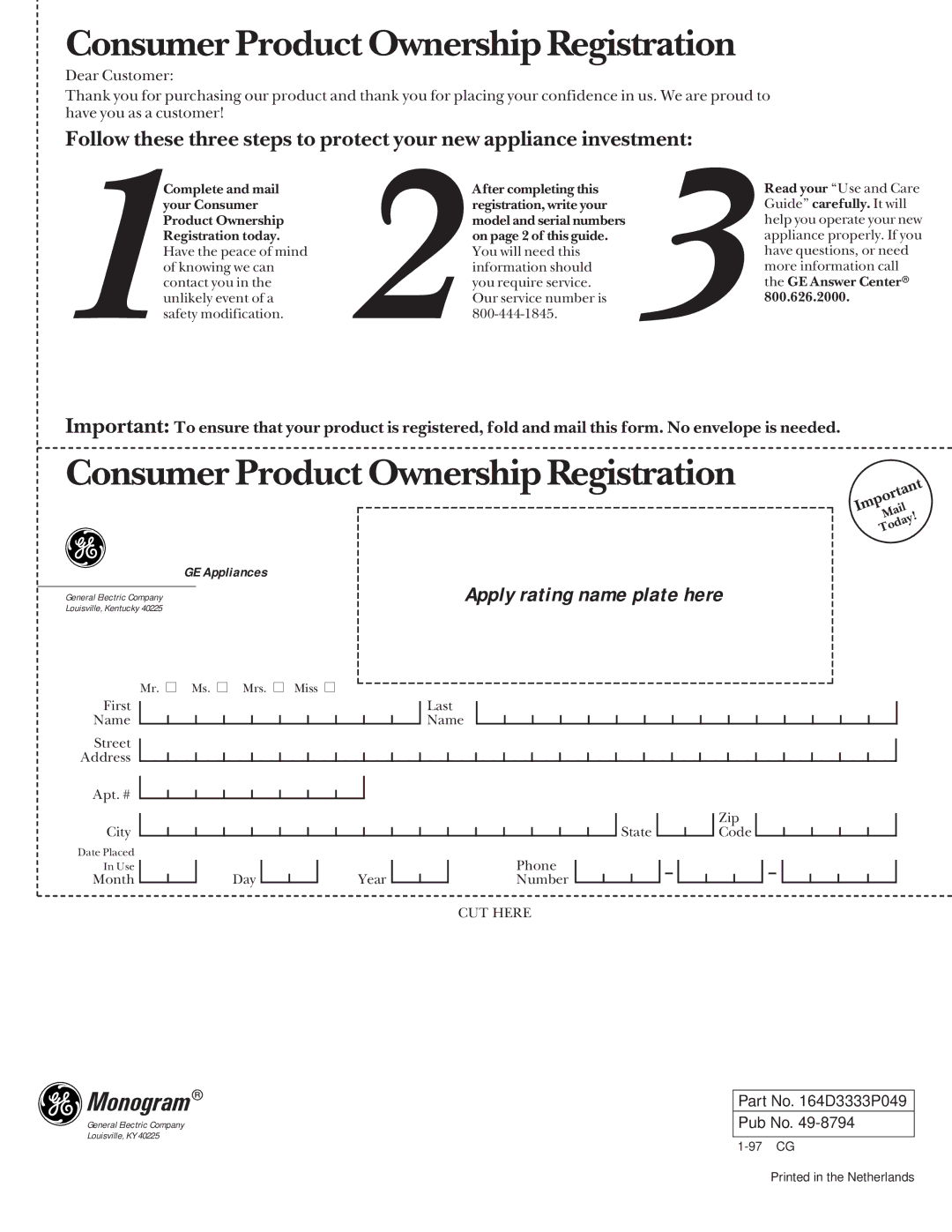 GE Monogram 36 Ceramic Cooktop manual Consumer Product Ownership Registration 