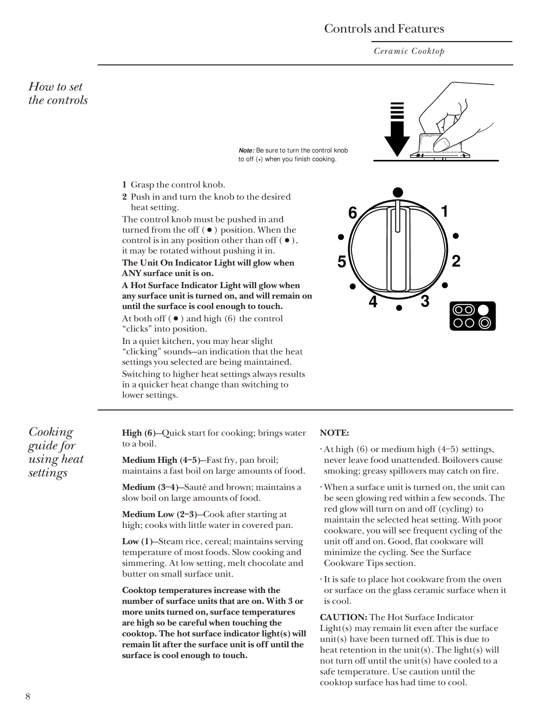 GE Monogram 36 Ceramic Cooktop manual How to set the controls, Cooking guide for using heat settings 