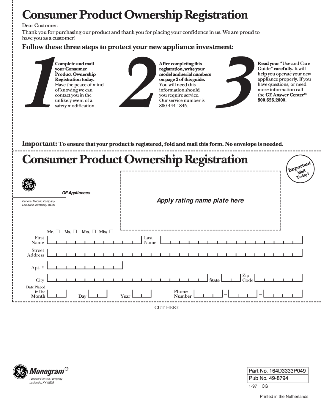GE Monogram 36 Ceramic Cooktop manual Consumer Product Ownership Registration, Monogram, Apply rating name plate here 