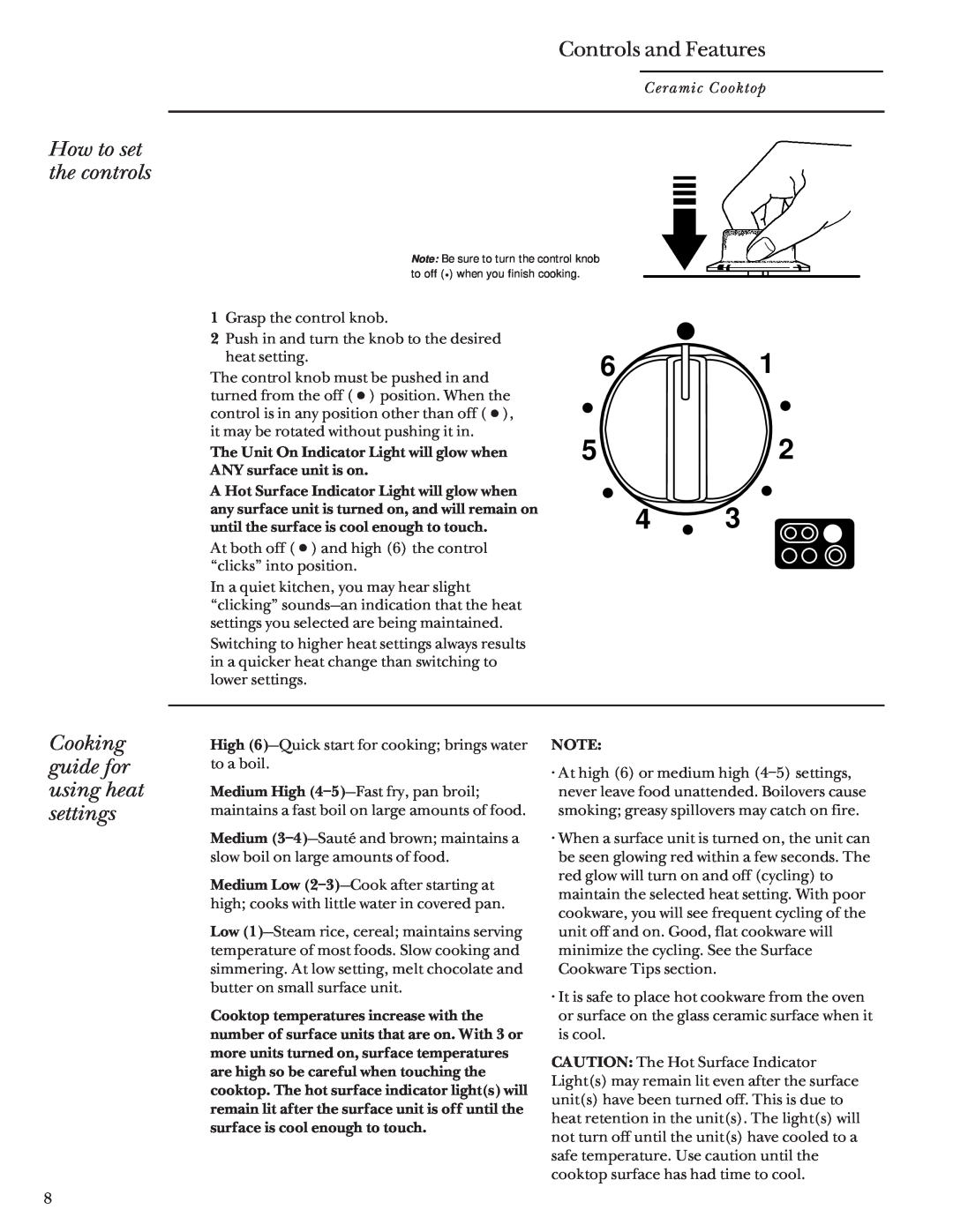 GE Monogram 36 Ceramic Cooktop manual How to set the controls, Controls and Features, Cooking guide for using heat settings 